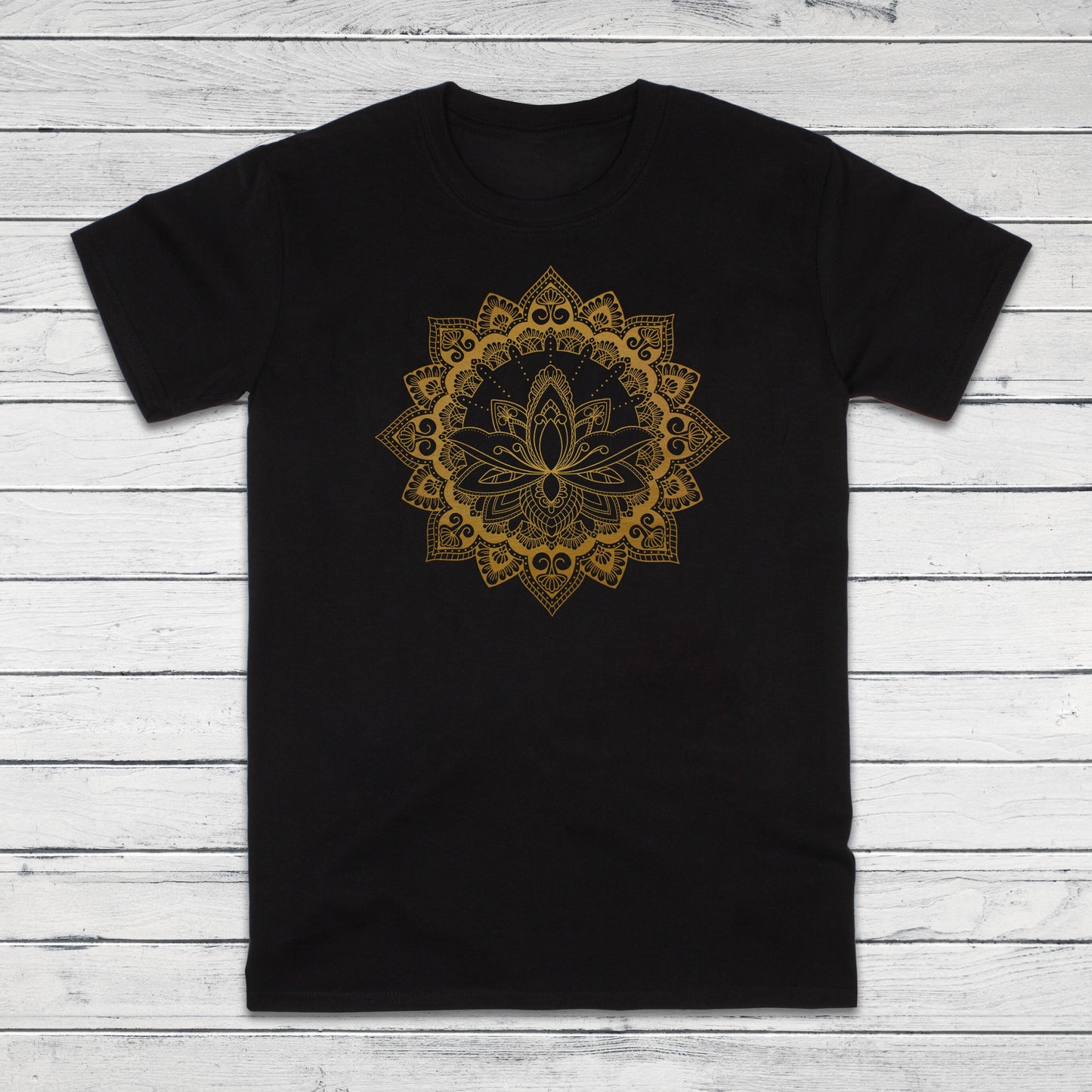 Lotus Mandala T Shirt Traditional Art Indian Henna Tattoo Yoga Gold Print Flower Hindu Artwork Yoga Mens Womens Printed Black Navy Tee Top