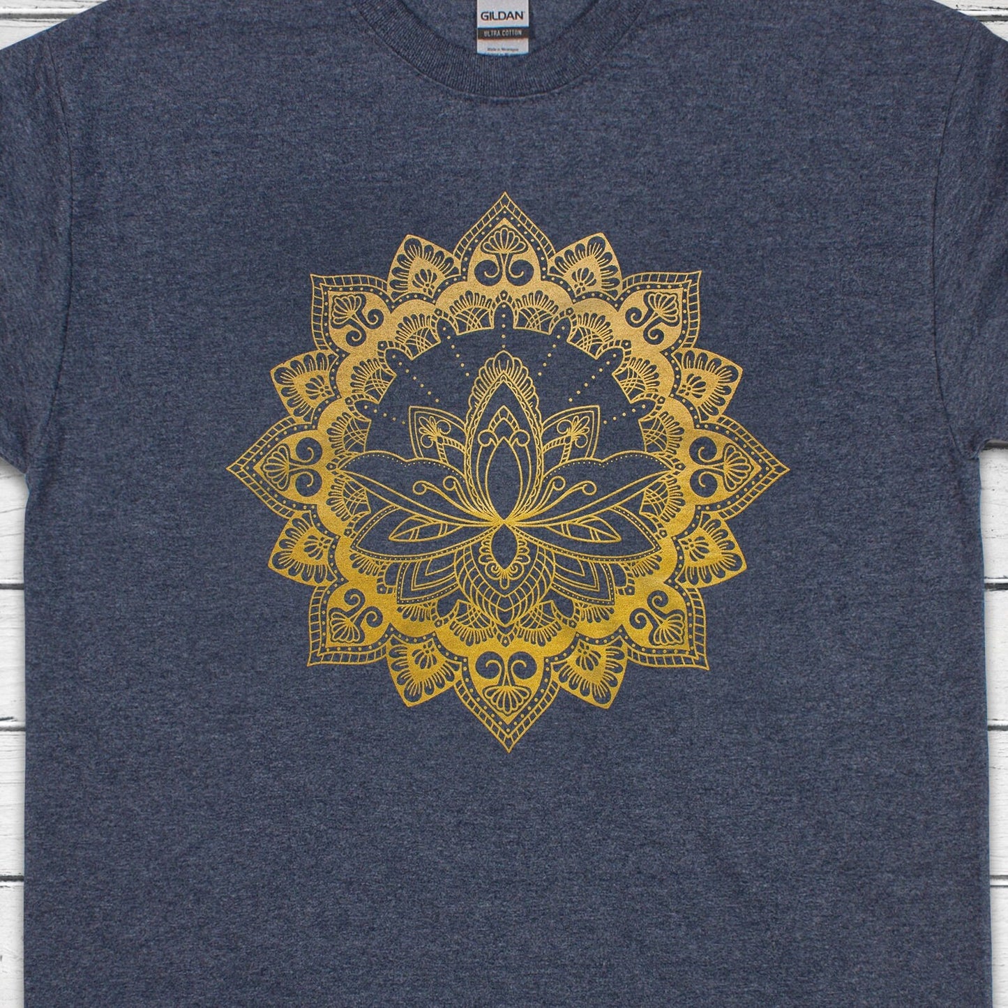 Lotus Mandala T Shirt Traditional Art Indian Henna Tattoo Yoga Gold Print Flower Hindu Artwork Yoga Mens Womens Printed Black Navy Tee Top
