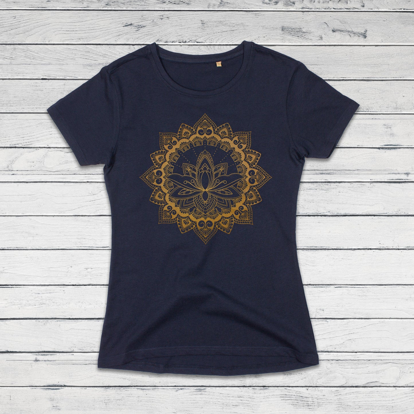 Mandala T Shirt Traditional Indian Henna Tattoo Gold Print Yoga Inspirational Lotus Buddhism Hindu Organic Cotton Womens Girls Printed Tee
