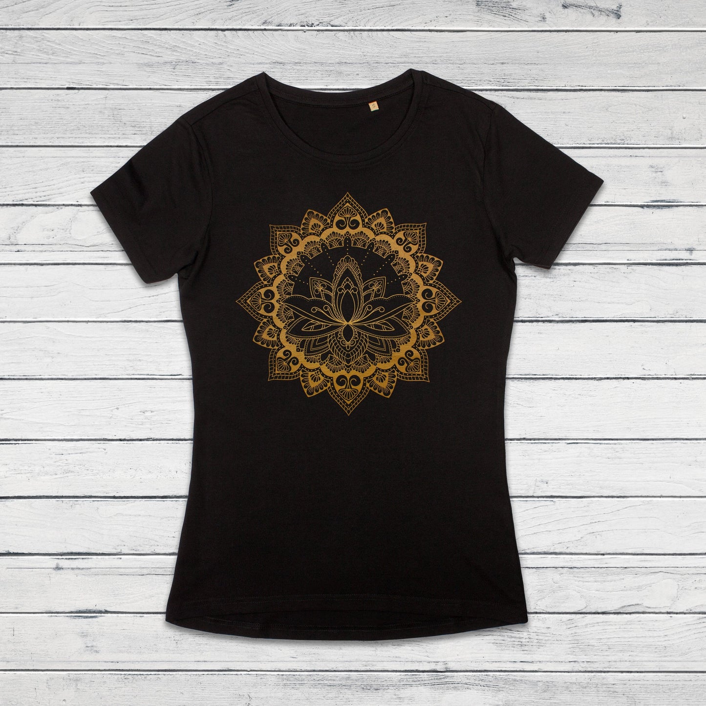 Mandala T Shirt Traditional Indian Henna Tattoo Gold Print Yoga Inspirational Lotus Buddhism Hindu Organic Cotton Womens Girls Printed Tee