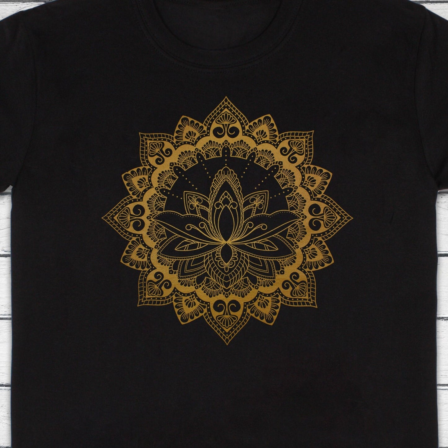 Lotus Mandala T Shirt Traditional Art Indian Henna Tattoo Yoga Gold Print Flower Hindu Artwork Yoga Mens Womens Printed Black Navy Tee Top