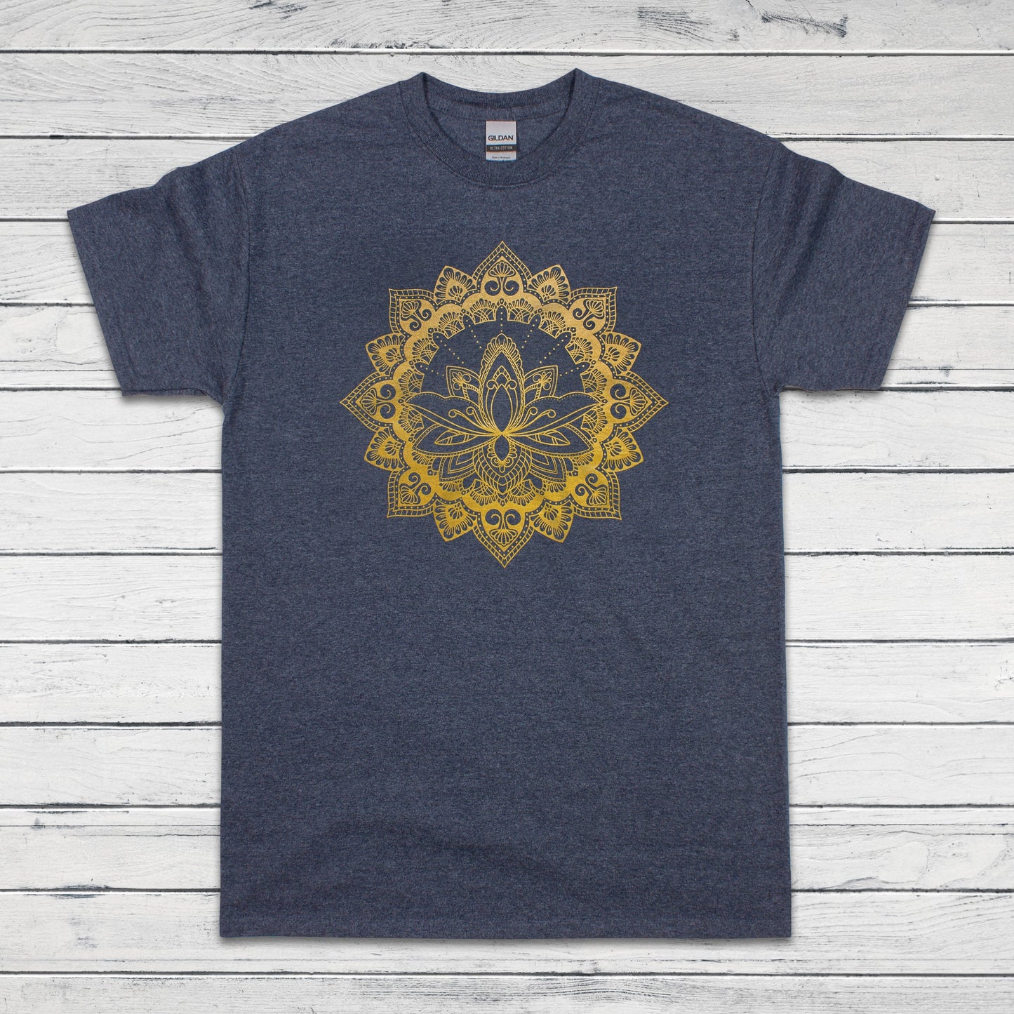 Lotus Mandala T Shirt Traditional Art Indian Henna Tattoo Yoga Gold Print Flower Hindu Artwork Yoga Mens Womens Printed Black Navy Tee Top