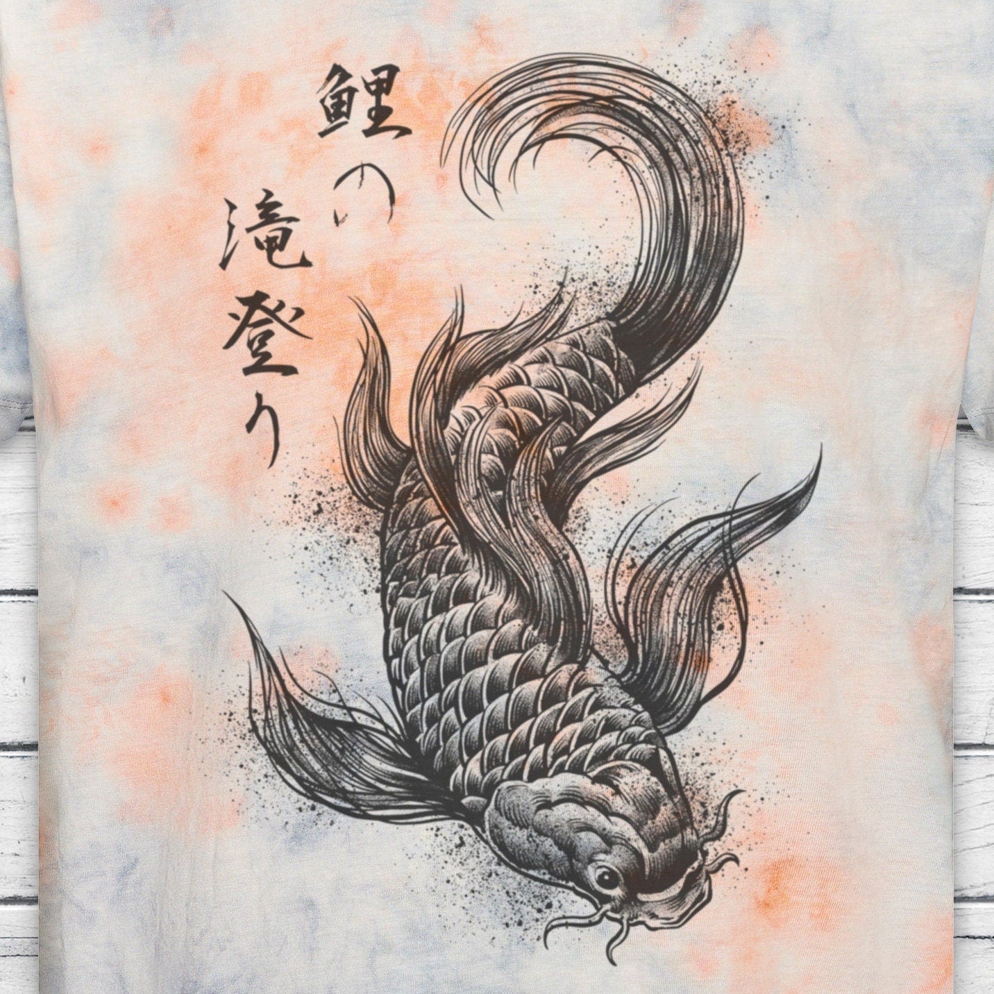 Koi Carp Japanese Calligraphy T Shirt Tie Dye Marble Japan Kanji Writing Print Yoga Dragon Samurai Pastel Ombre Dipped Womens Mens Print Tee