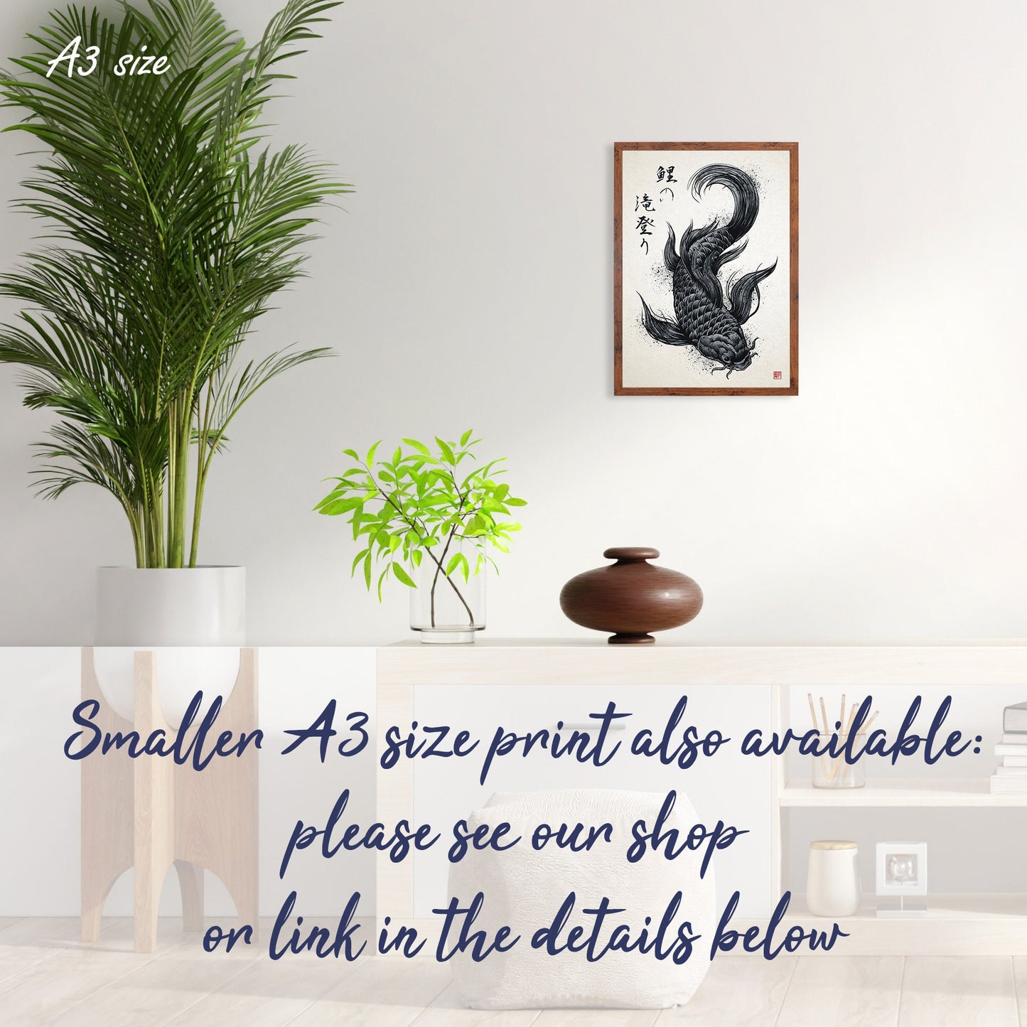 Japanese Koi Carp Art Print Poster Woodblock Ukiyo-e Style Framed Mounted Wall Samurai Tattoo Monster Calligraphy Beautiful Bushido A2 Large