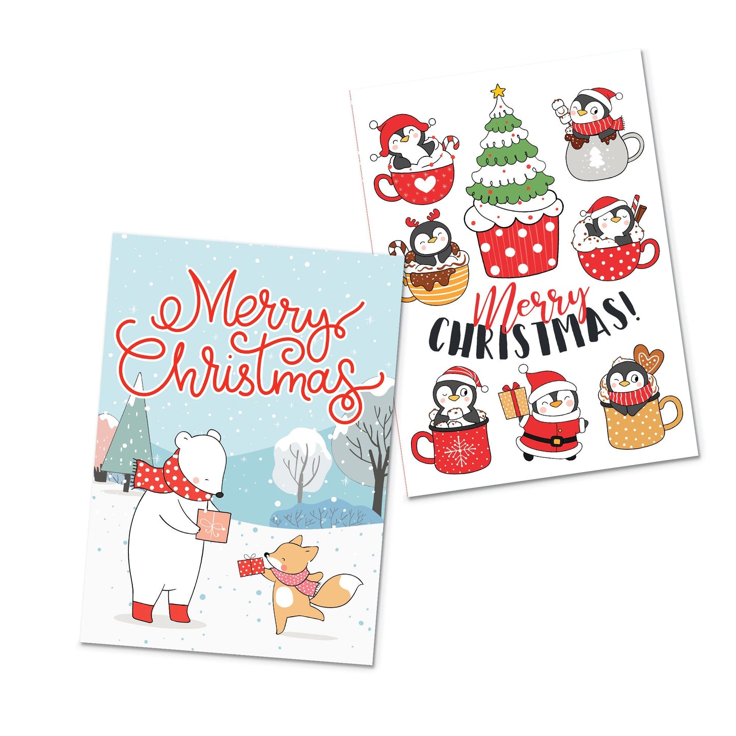 Kawaii Greeting Cards Christmas Card Set of 10 Xmas Tree New Year Winter Pretty Cats Kittens Penguins Teddy Retro Santa Claus Kittens Cute