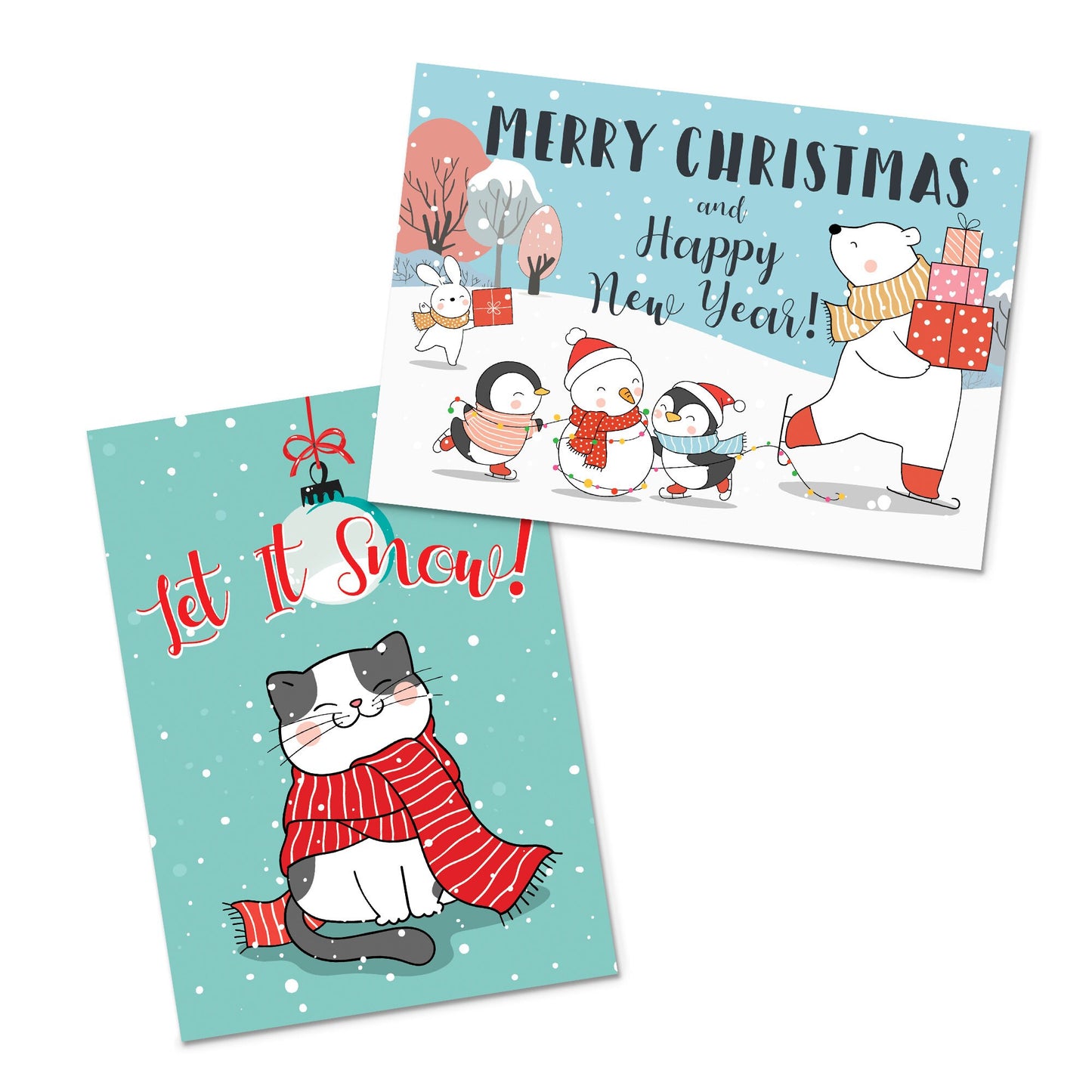 Kawaii Greeting Cards Christmas Card Set of 10 Xmas Tree New Year Winter Pretty Cats Kittens Penguins Teddy Retro Santa Claus Kittens Cute