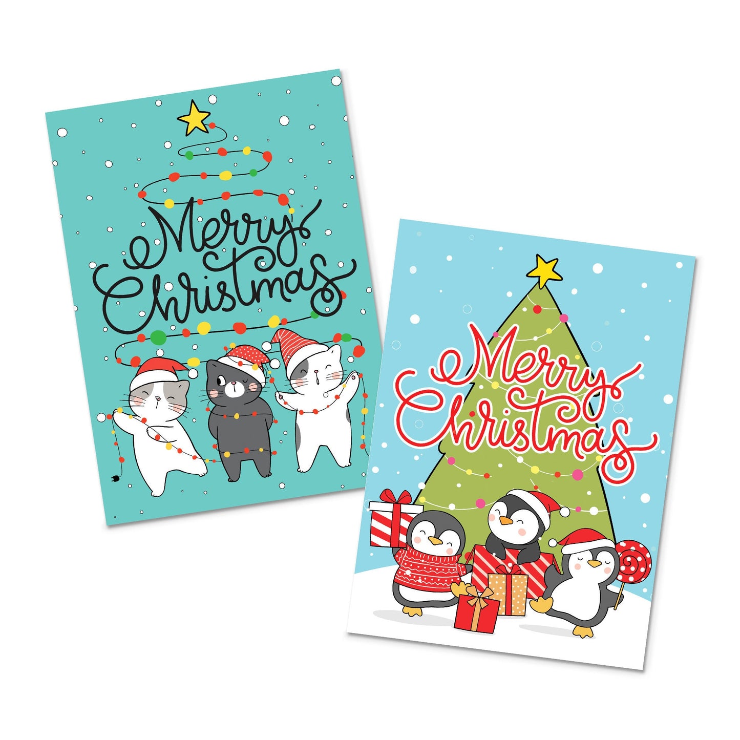 Kawaii Greeting Cards Christmas Card Set of 10 Xmas Tree New Year Winter Pretty Cats Kittens Penguins Teddy Retro Santa Claus Kittens Cute