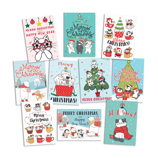 Kawaii Greeting Cards Christmas Card Set of 10 Xmas Tree New Year Winter Pretty Cats Kittens Penguins Teddy Retro Santa Claus Kittens Cute