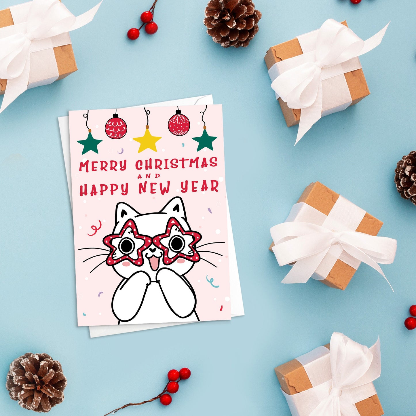 Kawaii Greeting Cards Christmas Card Set of 10 Xmas Tree New Year Winter Pretty Cats Kittens Penguins Teddy Retro Santa Claus Kittens Cute