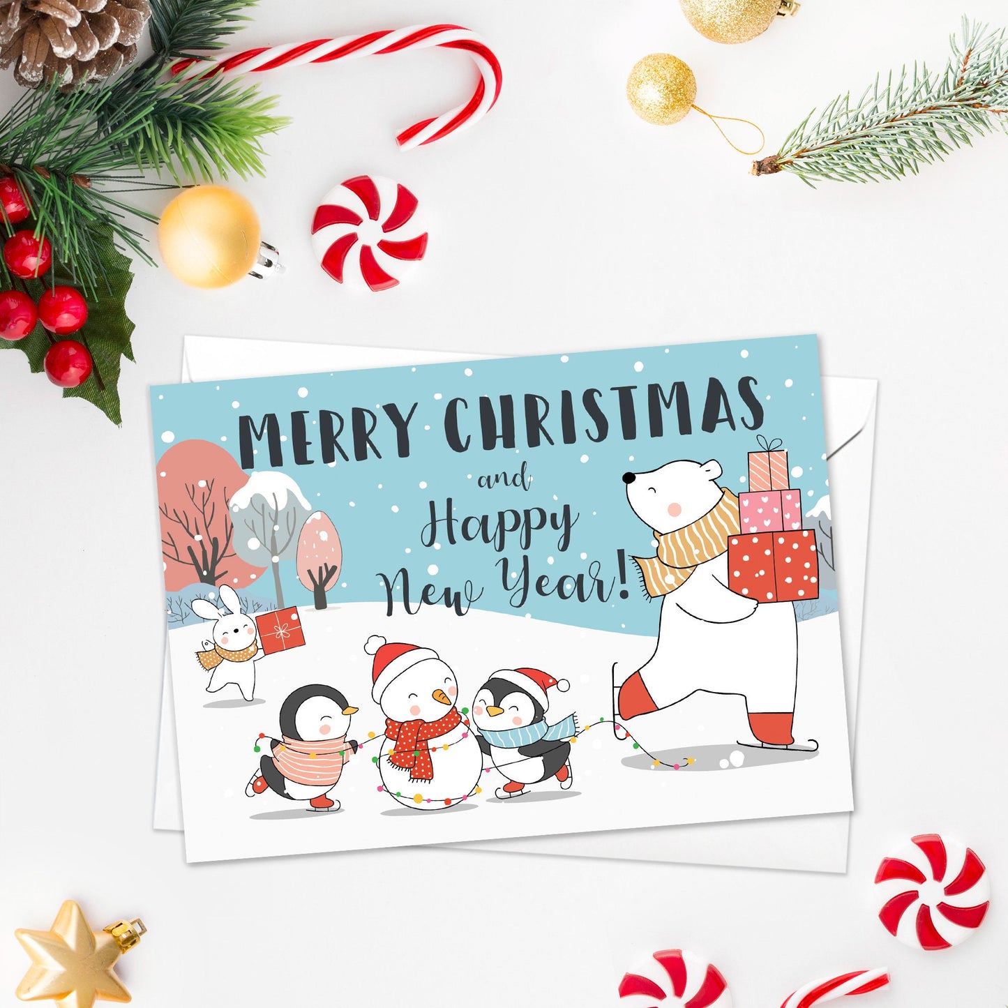 Kawaii Greeting Cards Christmas Card Set of 10 Xmas Tree New Year Winter Pretty Cats Kittens Penguins Teddy Retro Santa Claus Kittens Cute