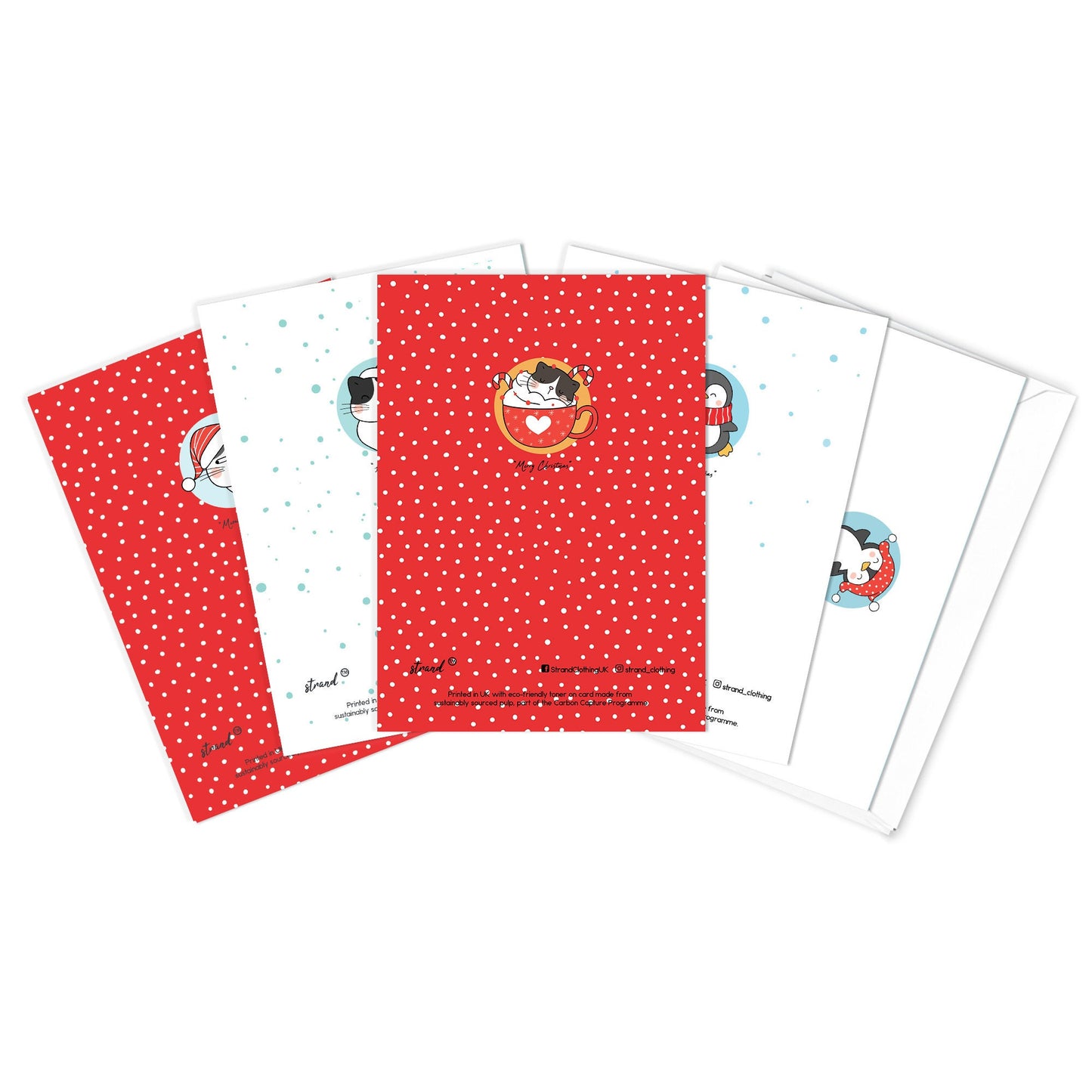 Kawaii Greeting Cards Christmas Card Set of 5 Xmas Tree New Year Winter Pretty Cats Kittens Penguins Teddy Retro Santa Claus Adorable Cute