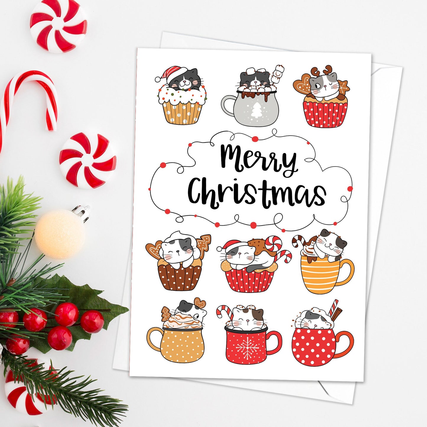 Kawaii Greeting Cards Christmas Card Set of 5 Xmas Tree New Year Winter Pretty Cats Kittens Penguins Teddy Retro Santa Claus Adorable Cute