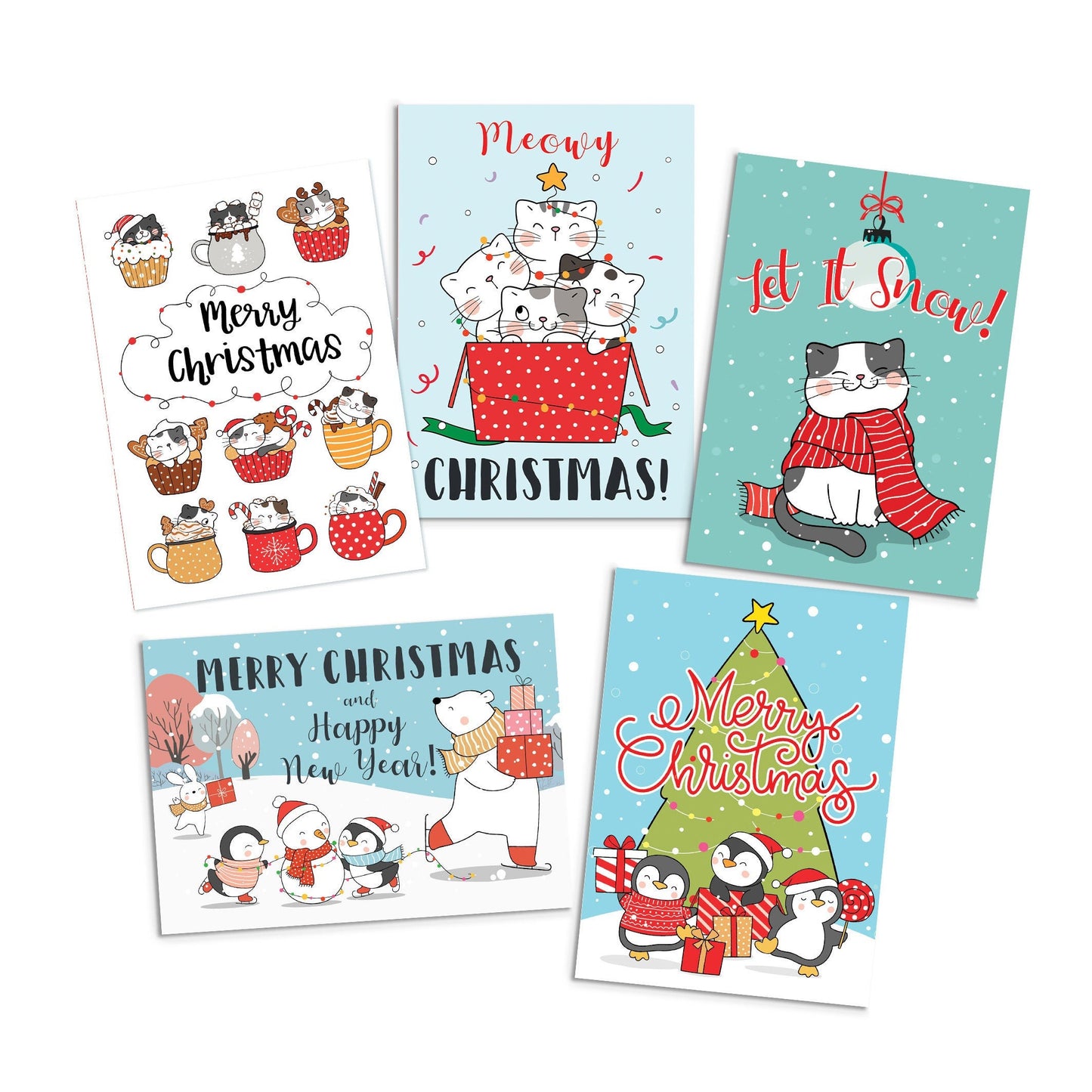 Kawaii Greeting Cards Christmas Card Set of 5 Xmas Tree New Year Winter Pretty Cats Kittens Penguins Teddy Retro Santa Claus Adorable Cute