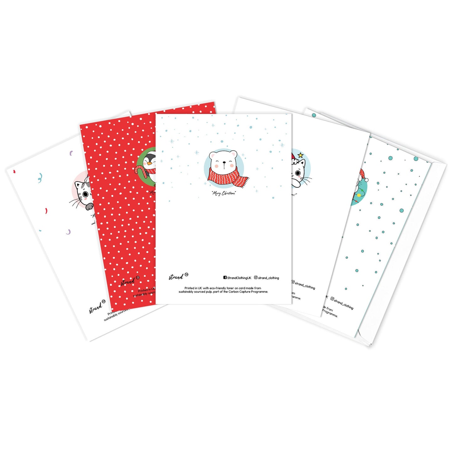 Kawaii Greeting Cards Christmas Card Set of 5 Xmas Tree New Year Winter Pretty Cats Kittens Penguins Fox Retro Santa Claus Adorable Cute
