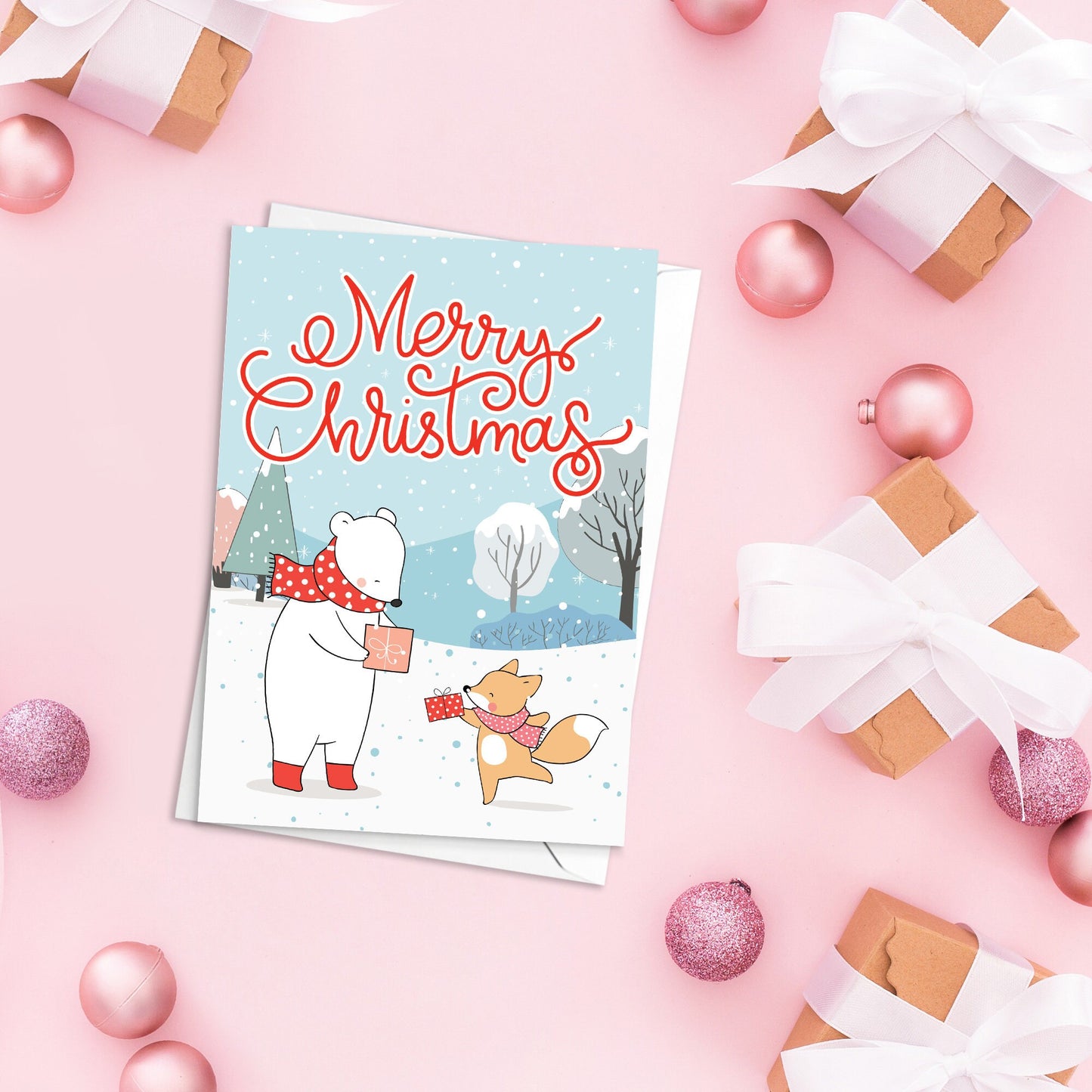 Kawaii Greeting Cards Christmas Card Set of 5 Xmas Tree New Year Winter Pretty Cats Kittens Penguins Fox Retro Santa Claus Adorable Cute