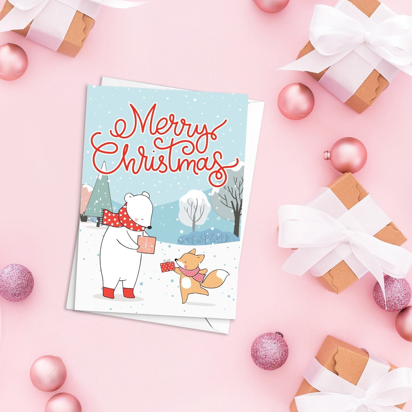 Christmas Greeting Card Kawaii Merry Xmas Tree New Year Winter Pretty Animals Fox Polar Bear Snowman Retro Santa Claus Cute Gift Cakes - F67