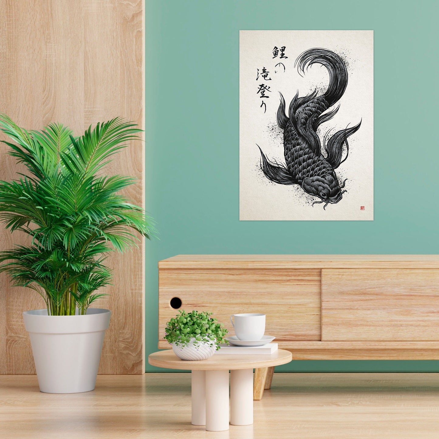 Japanese Koi Carp Art Print Poster Woodblock Ukiyo-e Wall Samurai Lucky Fish Tattoo Kanji Zen Gyotaku Calligraphy Beautiful Bushido A3 A2