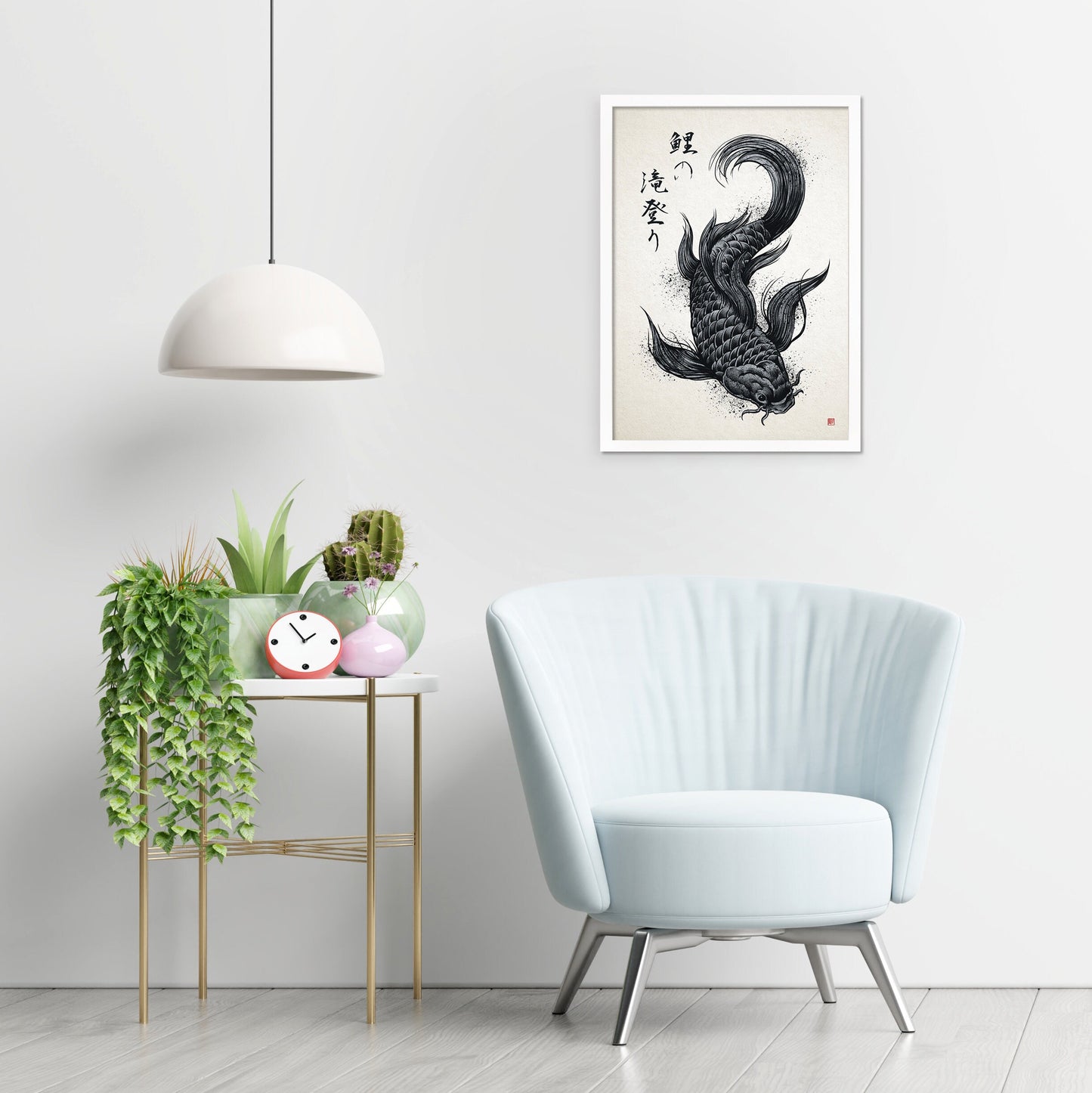 Japanese Koi Carp Art Print Poster Woodblock Ukiyo-e Style Framed Mounted Wall Samurai Tattoo Monster Calligraphy Beautiful Bushido A2 Large