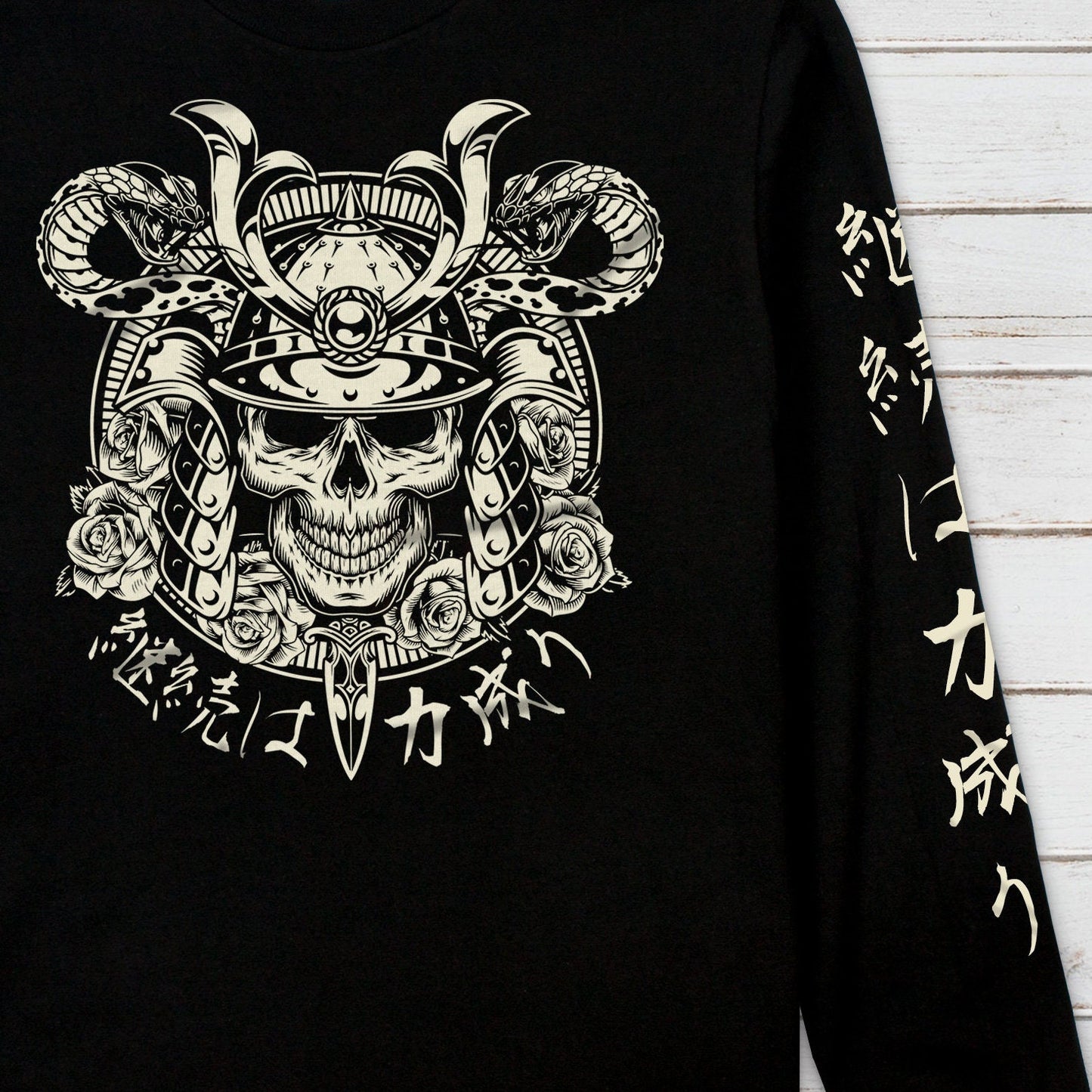 Japanese Long Sleeve Print T Shirt Writing Samurai Bushido Onna Bugeisha Tattoo Skull Armour Yoroi Kanji Calligraphy Printed Mens Women Tee