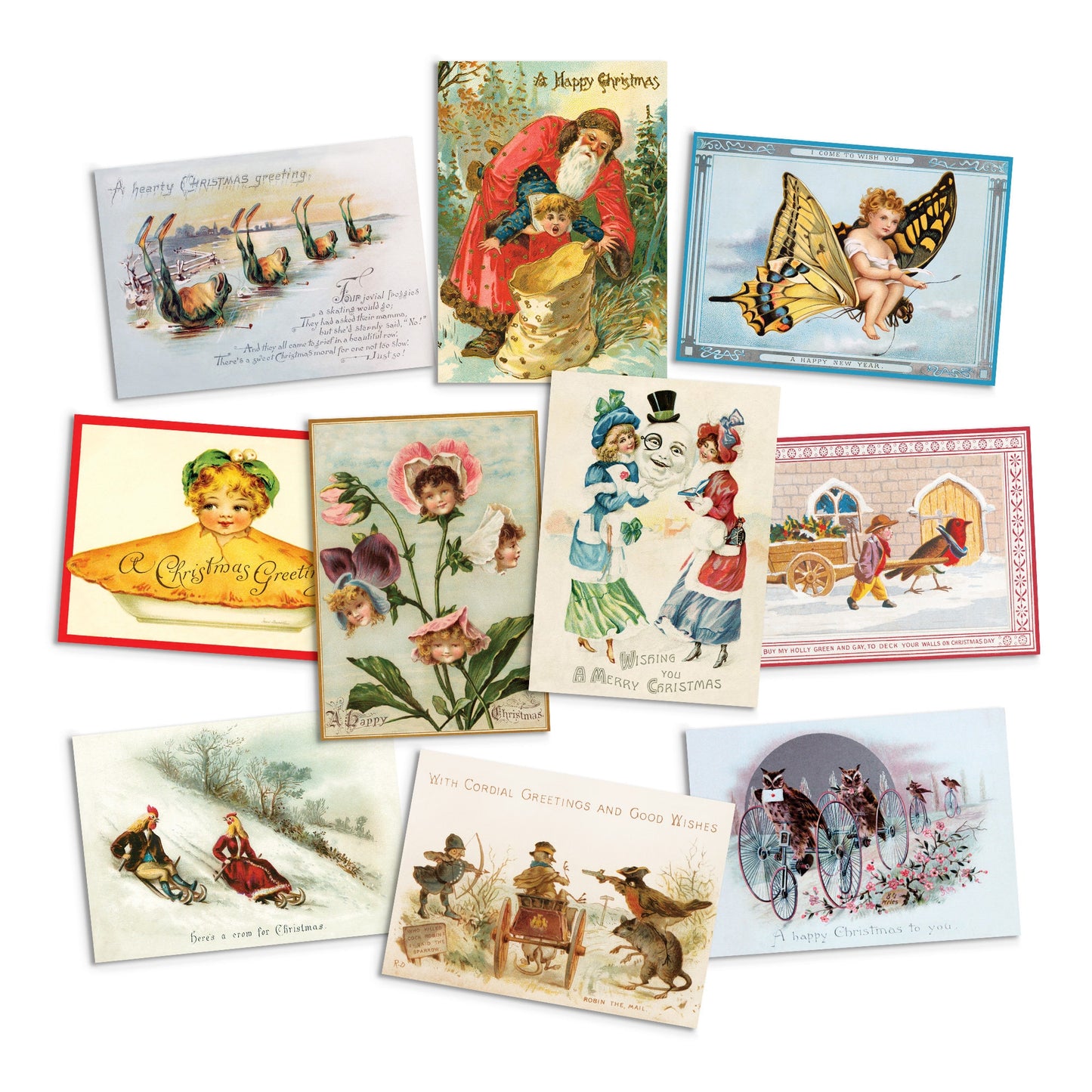 Greeting Cards Victorian Weird Christmas Card Set of 10 Xmas Tree New Year Winter English British Vintage Retro Santa Funny Creepy Quirky