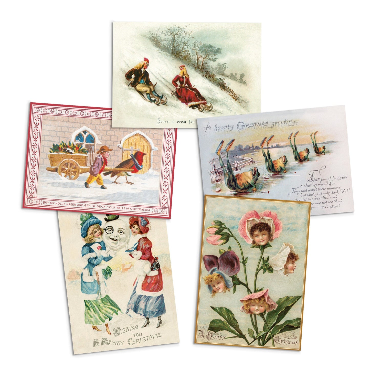 Greeting Cards Victorian Weird Christmas Card Set of 5 Xmas Tree New Year Winter English British Old Vintage Retro Santa Funny Creepy Quirky