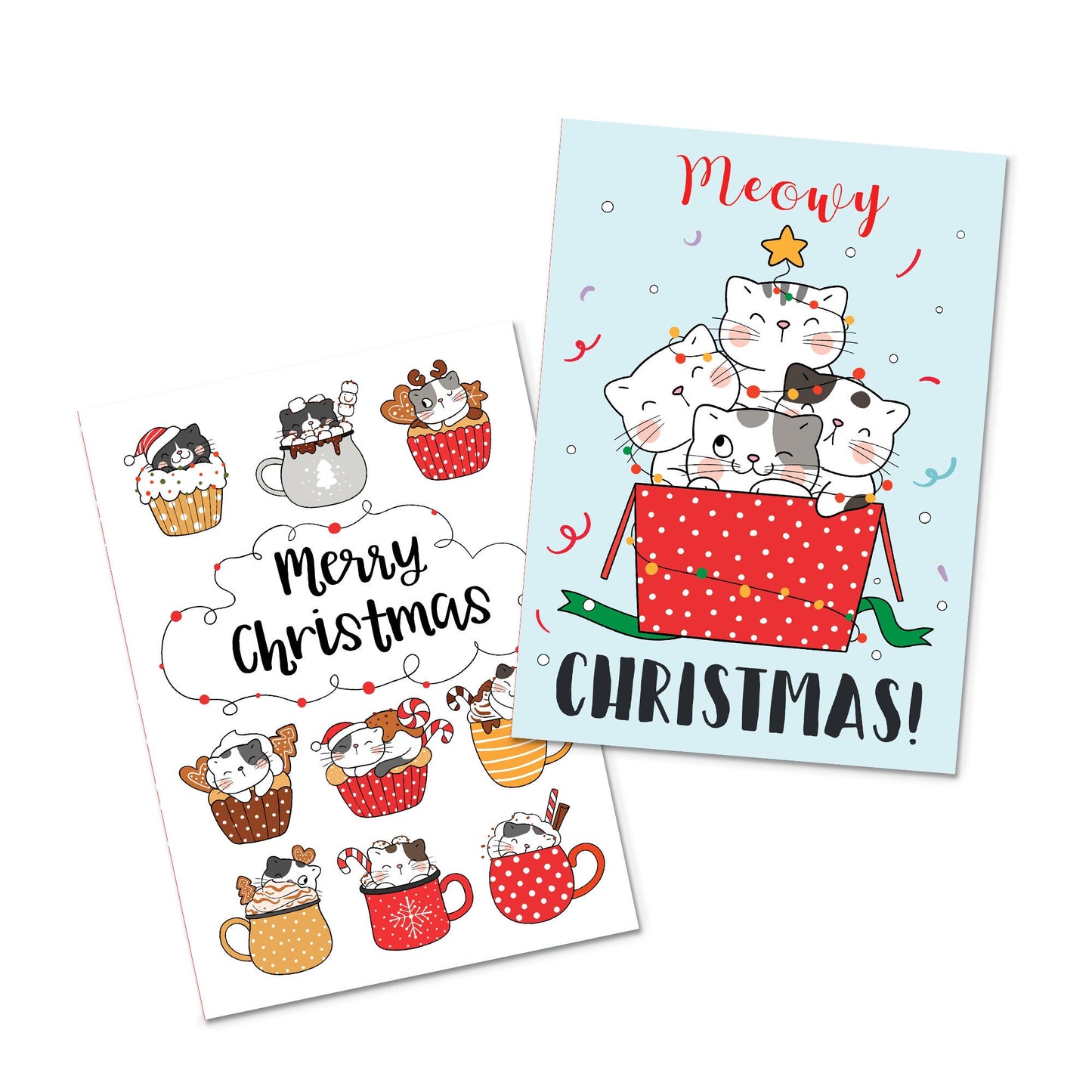 Kawaii Greeting Cards Christmas Card Set of 10 Xmas Tree New Year Winter Pretty Cats Kittens Penguins Teddy Retro Santa Claus Kittens Cute