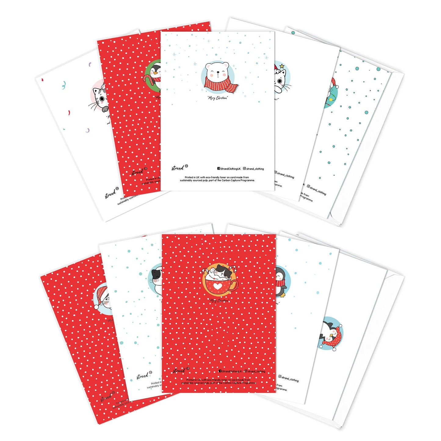 Kawaii Greeting Cards Christmas Card Set of 10 Xmas Tree New Year Winter Pretty Cats Kittens Penguins Teddy Retro Santa Claus Kittens Cute