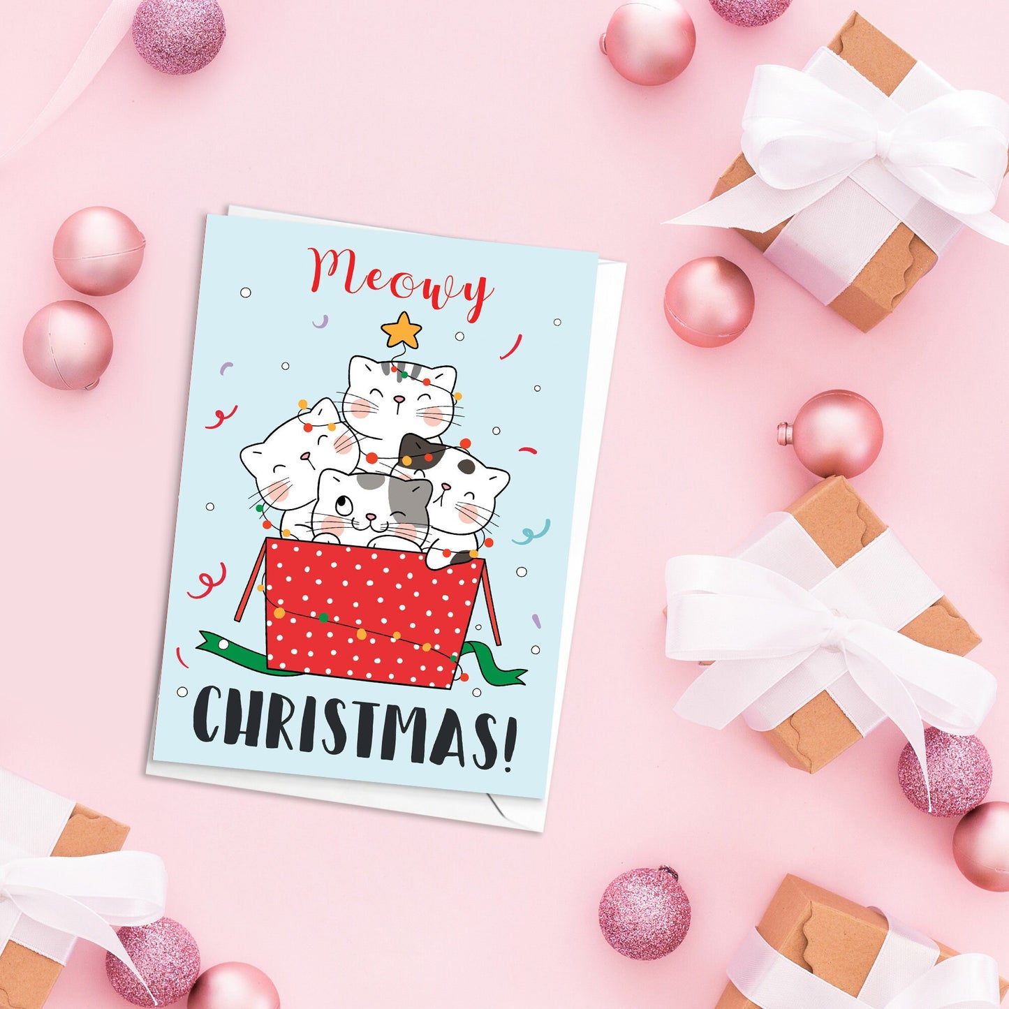 Kawaii Greeting Cards Christmas Card Set of 10 Xmas Tree New Year Winter Pretty Cats Kittens Penguins Teddy Retro Santa Claus Kittens Cute