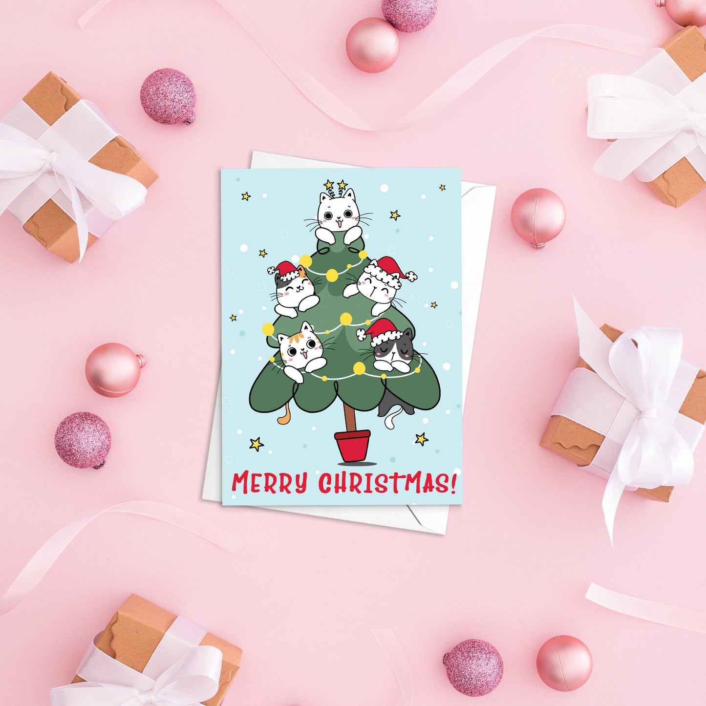 Kawaii Greeting Cards Christmas Card Set of 5 Xmas Tree New Year Winter Pretty Cats Kittens Penguins Fox Retro Santa Claus Adorable Cute