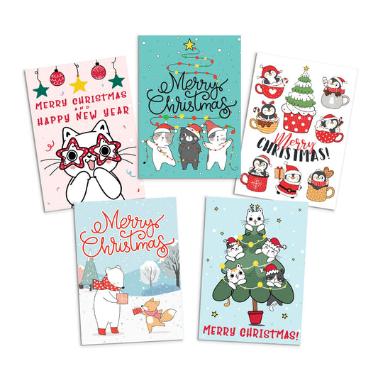 Kawaii Greeting Cards Christmas Card Set of 5 Xmas Tree New Year Winter Pretty Cats Kittens Penguins Fox Retro Santa Claus Adorable Cute