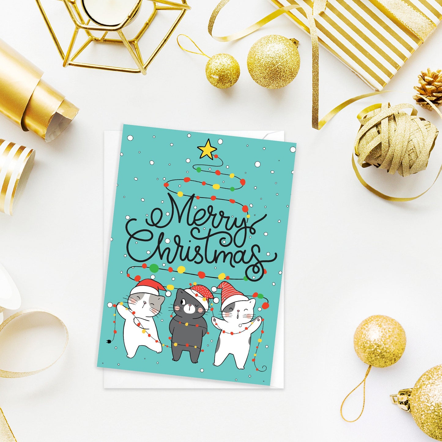 Kawaii Greeting Cards Christmas Card Set of 5 Xmas Tree New Year Winter Pretty Cats Kittens Penguins Fox Retro Santa Claus Adorable Cute