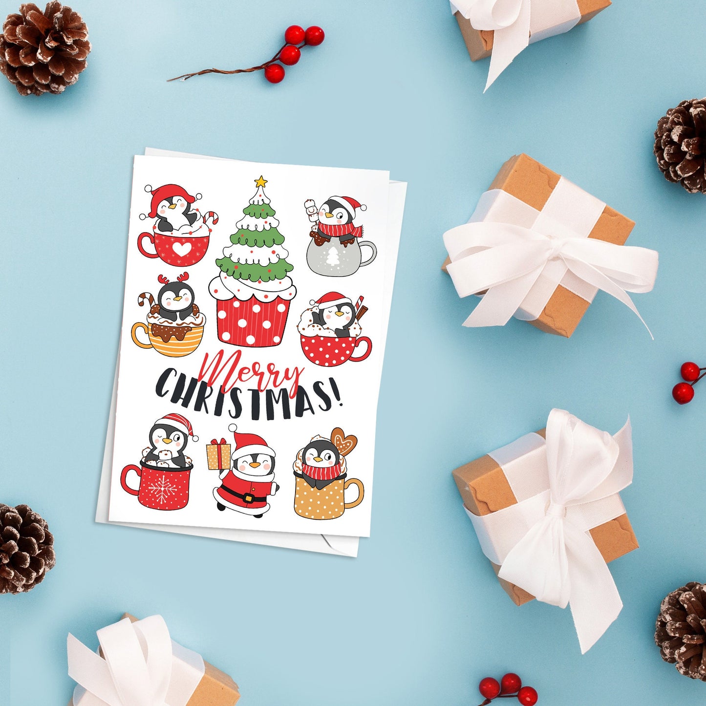 Kawaii Greeting Cards Christmas Card Set of 5 Xmas Tree New Year Winter Pretty Cats Kittens Penguins Fox Retro Santa Claus Adorable Cute