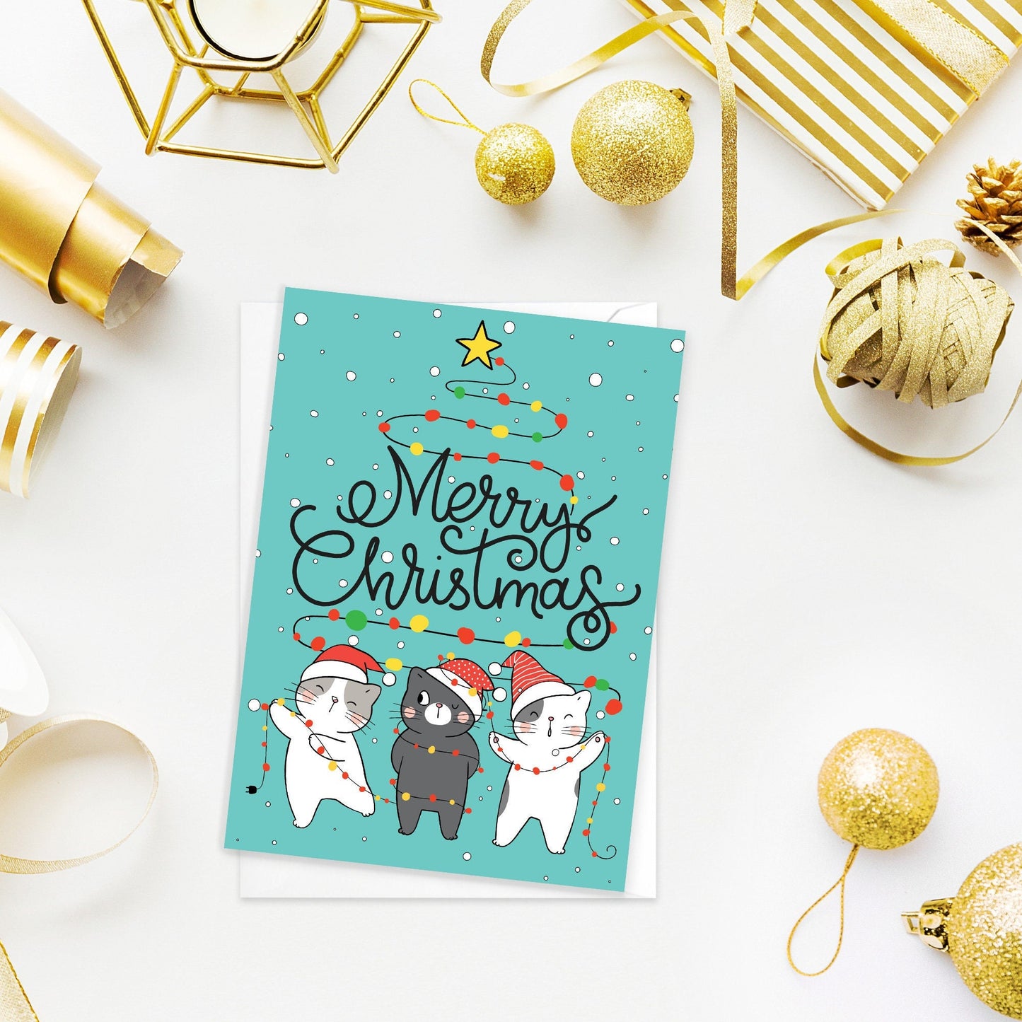 Christmas Greeting Card Kawaii Xmas Tree New Year Winter Pretty Cats Kittens Retro Santa Claus Kittens Cute Party Cat-Lover Gift Gifts - F90