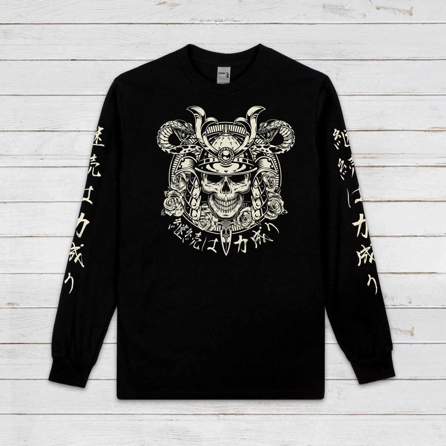 Japanese Long Sleeve Print T Shirt Writing Samurai Bushido Onna Bugeisha Tattoo Skull Armour Yoroi Kanji Calligraphy Printed Mens Women Tee