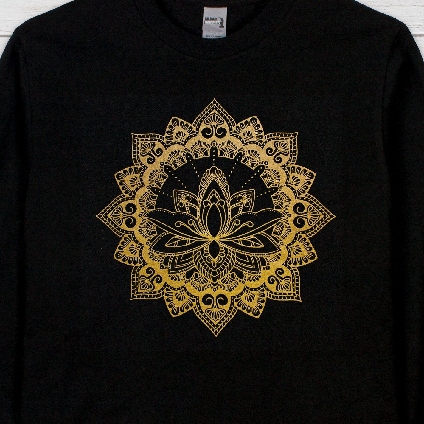 Lotus Mandala Long Sleeve Print T Shirt Traditional Indian Henna Tattoo Gold Print Yoga Inspirational Buddhism Hindu Printed Mens Women Tee