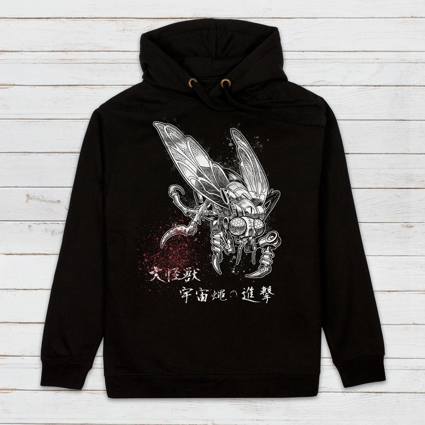 Japanese Hoodie Space Robot Fly Insect Kaiju Tattoo B-Movie Anime Manga Kanji Calligraphy Printed Mens Womens Sweatshirt Printed Hooded Top