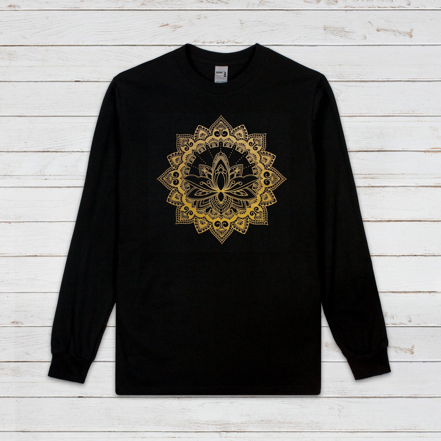 Lotus Mandala Long Sleeve Print T Shirt Traditional Indian Henna Tattoo Gold Print Yoga Inspirational Buddhism Hindu Printed Mens Women Tee