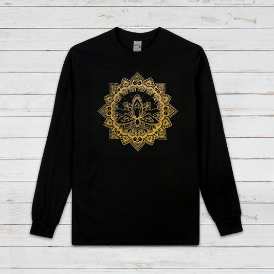 Lotus Mandala Long Sleeve Print T Shirt Traditional Indian Henna Tattoo Gold Print Yoga Inspirational Buddhism Hindu Printed Mens Women Tee