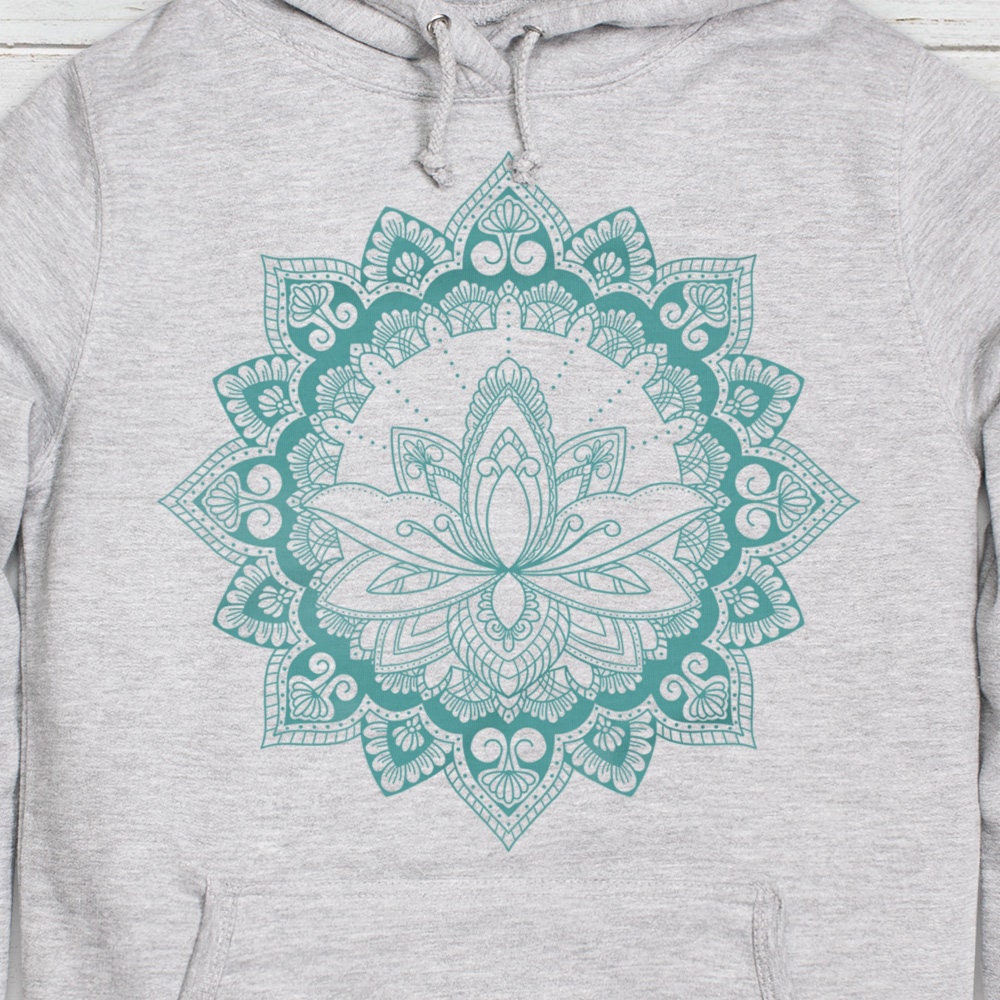 Mandala Lotus Hoodie Indian Henna Tattoo Meditation Hindu Hinduism Design Chakra Tai Chi Yoga Gift Girls Womens Printed Hooded Top Jumper