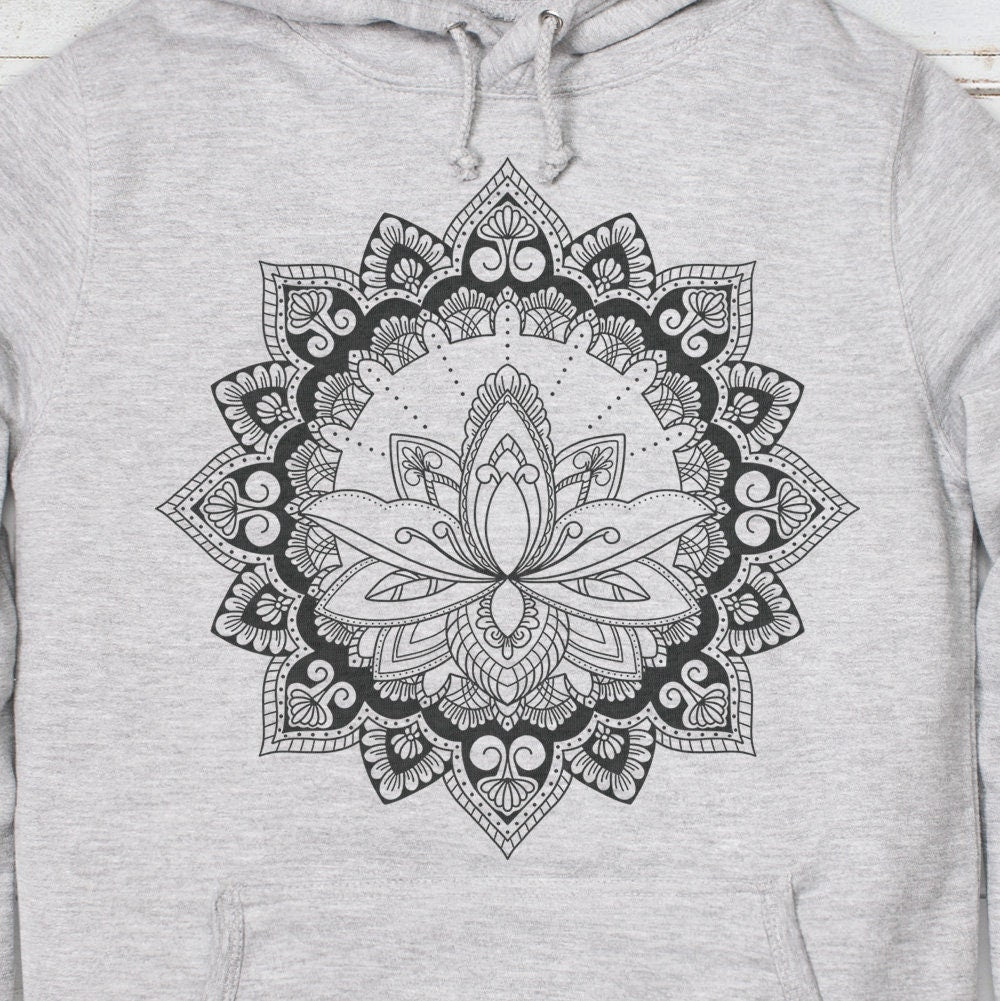 Mandala Lotus Hoodie Indian Henna Tattoo Meditation Hindu Hinduism Design Chakra Tai Chi Yoga Gift Girls Womens Printed Hooded Top Jumper