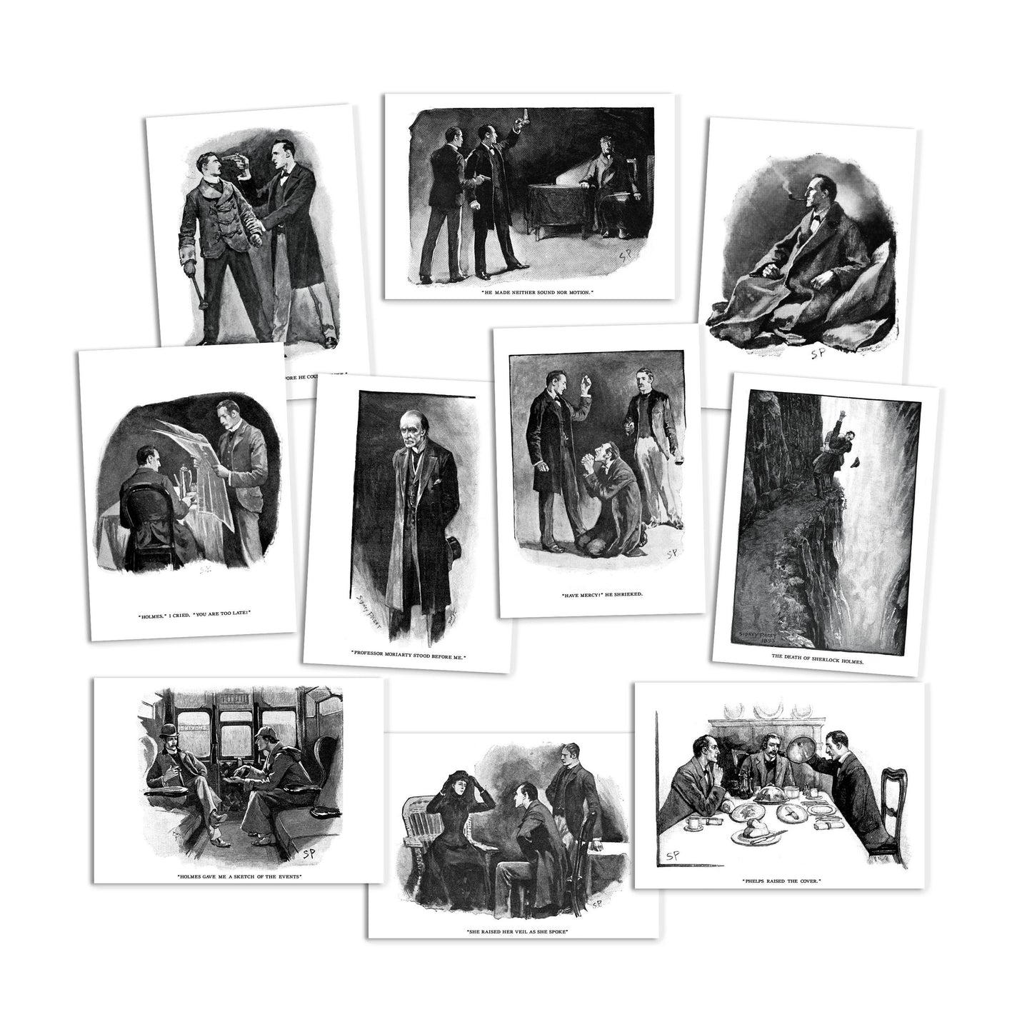 Sherlock Holmes Illustrations Art Postcards Set of 10 Postcard Prints Pack Sidney Paget Conan Doyle Strand Magazine Drawing Victorian Cards