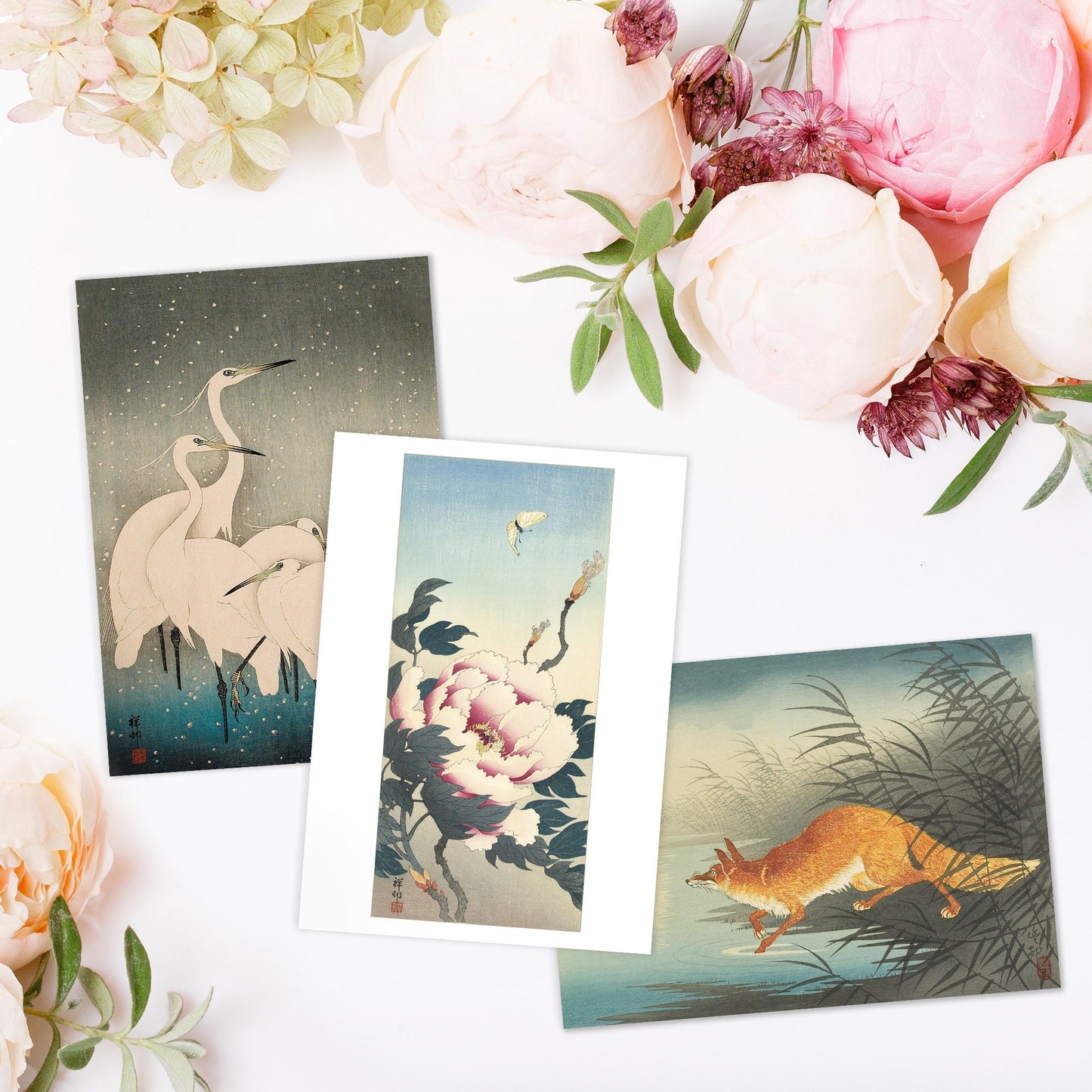 Japanese Ukiyo-e Art Postcards Set of 10 - Postcard Prints Pack Woodblock Art Print Aesthetic Ohara Koson Shoson Flowers Hawk Fox Cards Gift
