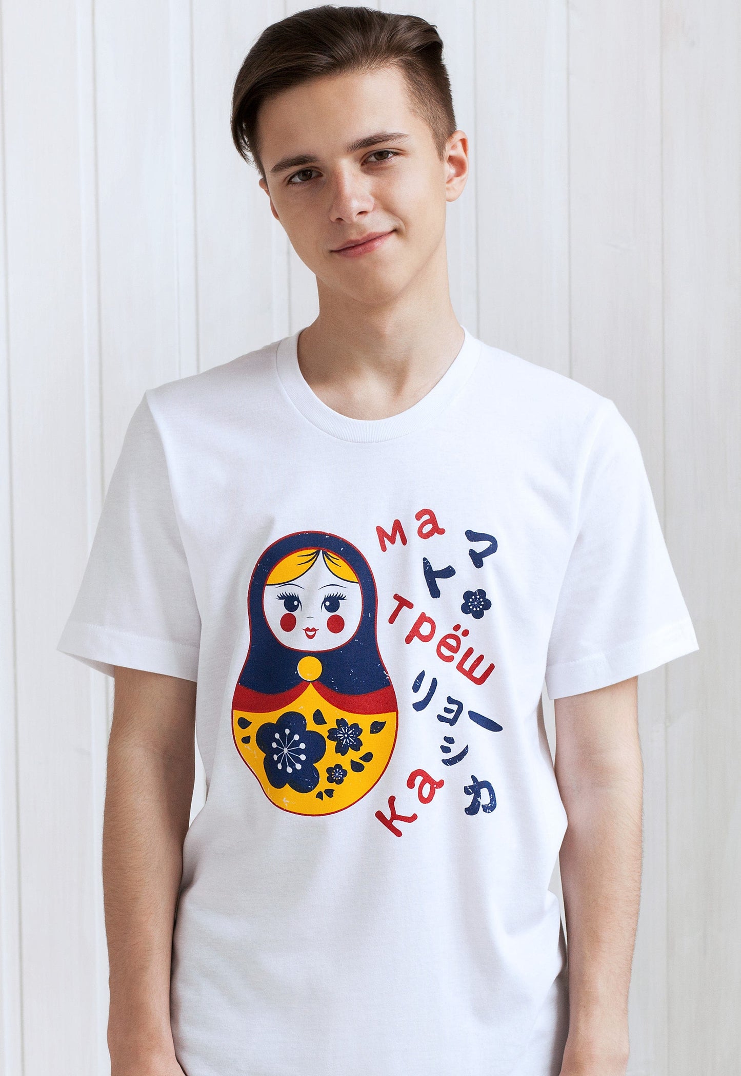 Japanese T Shirt - Sakura Matryoshka - Japan Kawaii Russian Doll Dolls Hiragana Kanji Cyrillic Fashion Happy Yoga Printed Men's Unisex Shirt