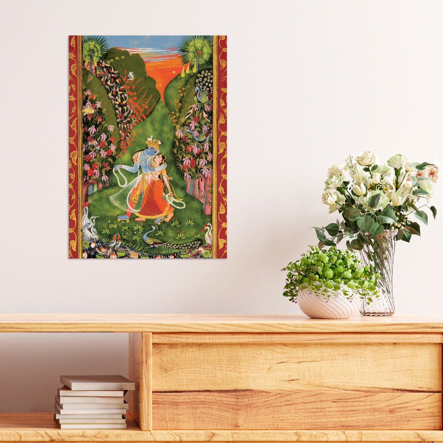 Indian Art Vintage Print Poster Antique Radha and Krishna Walk in a Flowering Grove The Kota Master Hindu Saree Sari Painting Beautiful A3