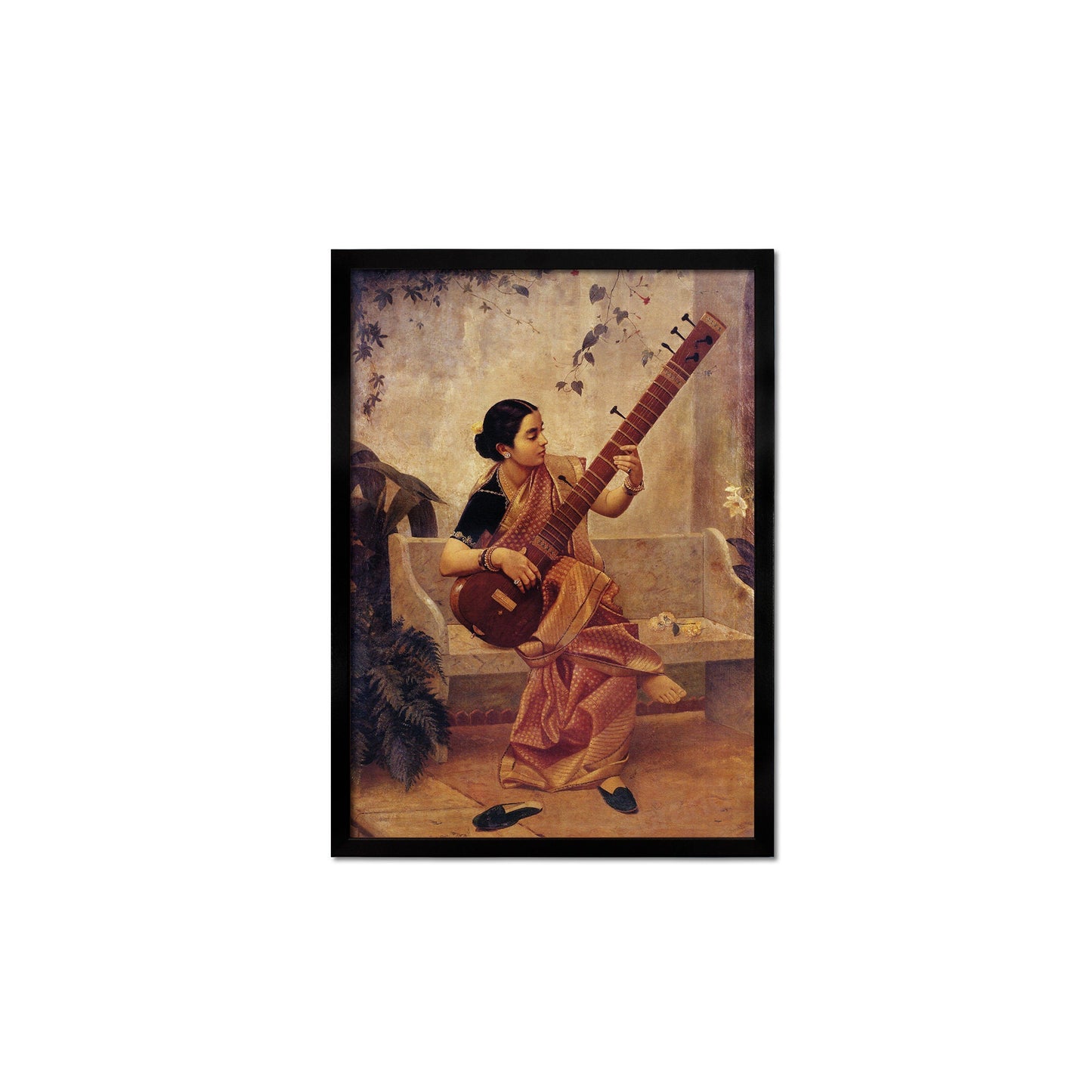 Framed Mounted Indian Art Vintage Print Poster Antique Raja Ravi Varma Kadambari Music Hath Charm Hindu Kerala Painting Pretty Veena Sitar