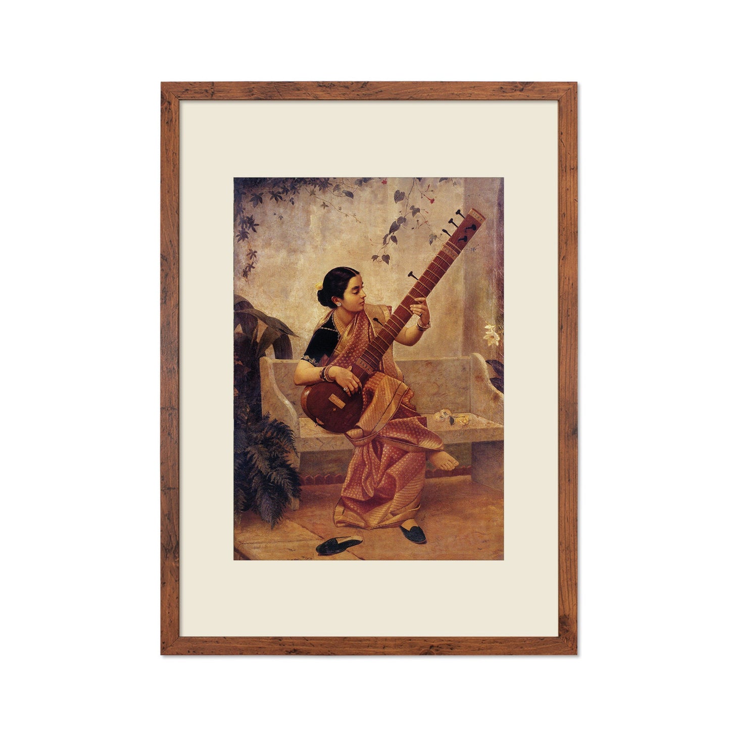 Framed Mounted Indian Art Vintage Print Poster Antique Raja Ravi Varma Kadambari Music Hath Charm Hindu Kerala Painting Pretty Veena Sitar