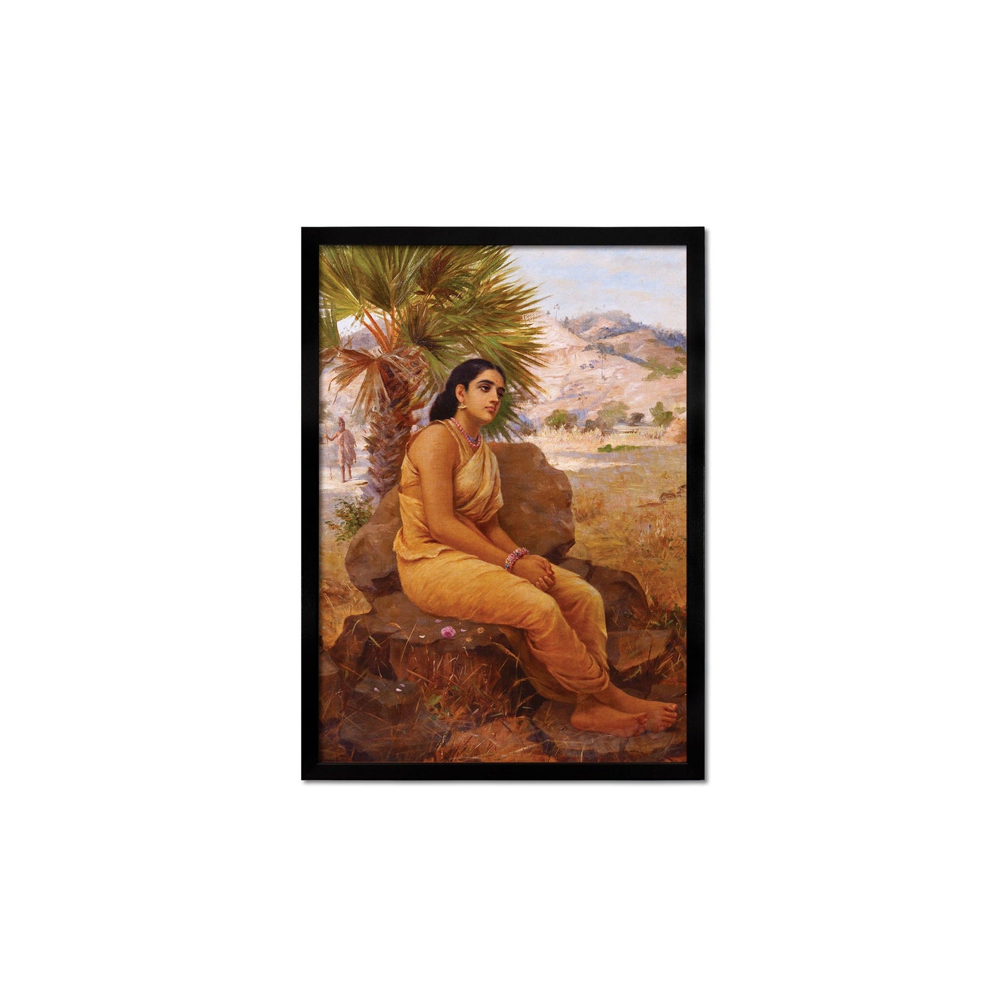 Framed Mounted Indian Art Vintage Print Poster Antique Raja Ravi Varma Shakuntala Lost in Dushyanta's Thoughts Hindu Kerala Painting Saree