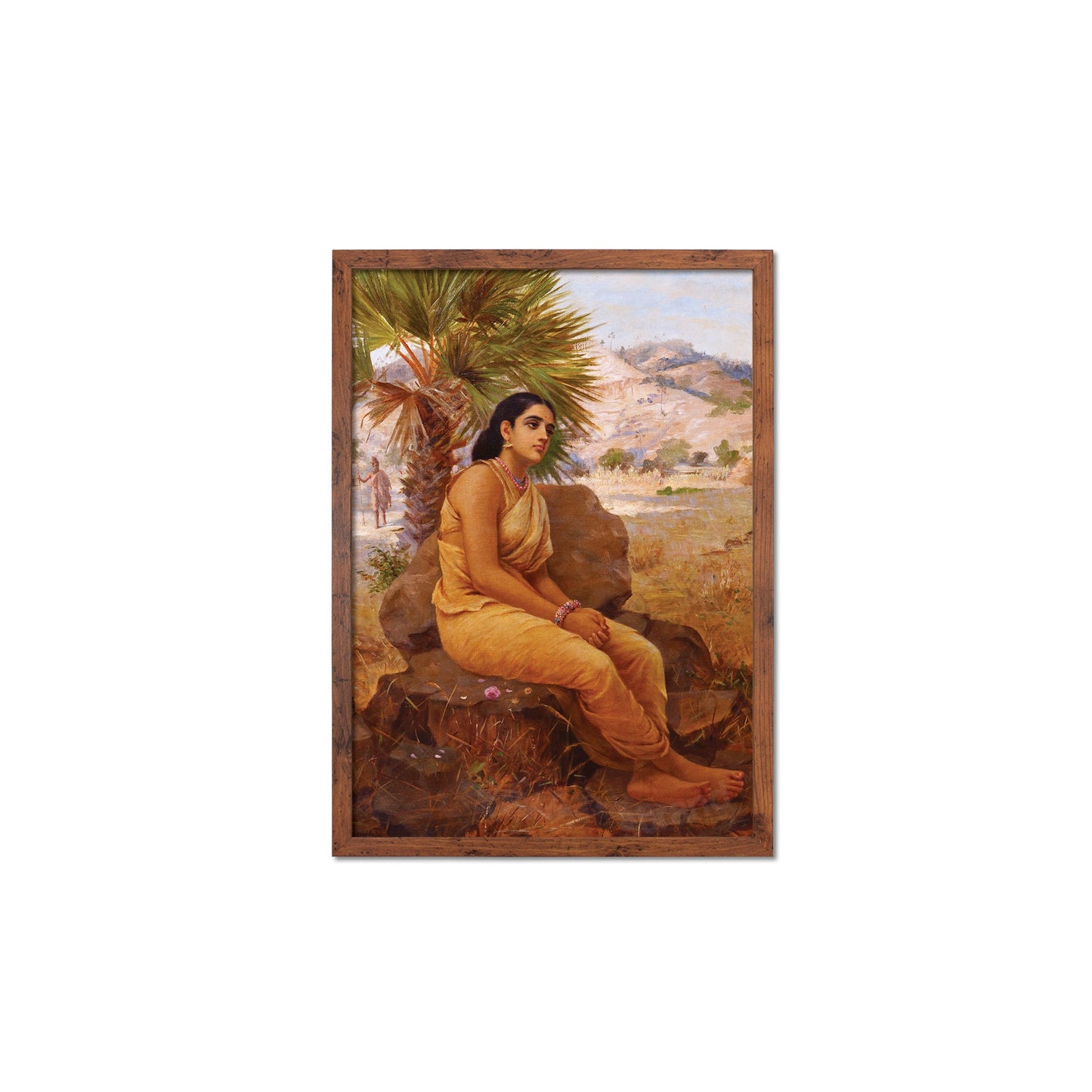 Framed Mounted Indian Art Vintage Print Poster Antique Raja Ravi Varma Shakuntala Lost in Dushyanta's Thoughts Hindu Kerala Painting Saree