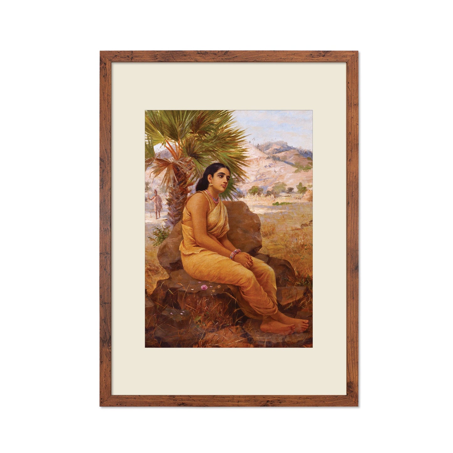 Framed Mounted Indian Art Vintage Print Poster Antique Raja Ravi Varma Shakuntala Lost in Dushyanta's Thoughts Hindu Kerala Painting Saree