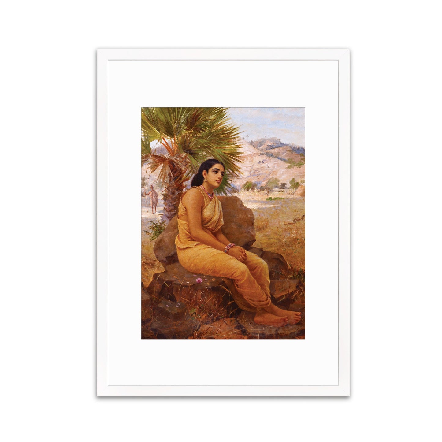Framed Mounted Indian Art Vintage Print Poster Antique Raja Ravi Varma Shakuntala Lost in Dushyanta's Thoughts Hindu Kerala Painting Saree